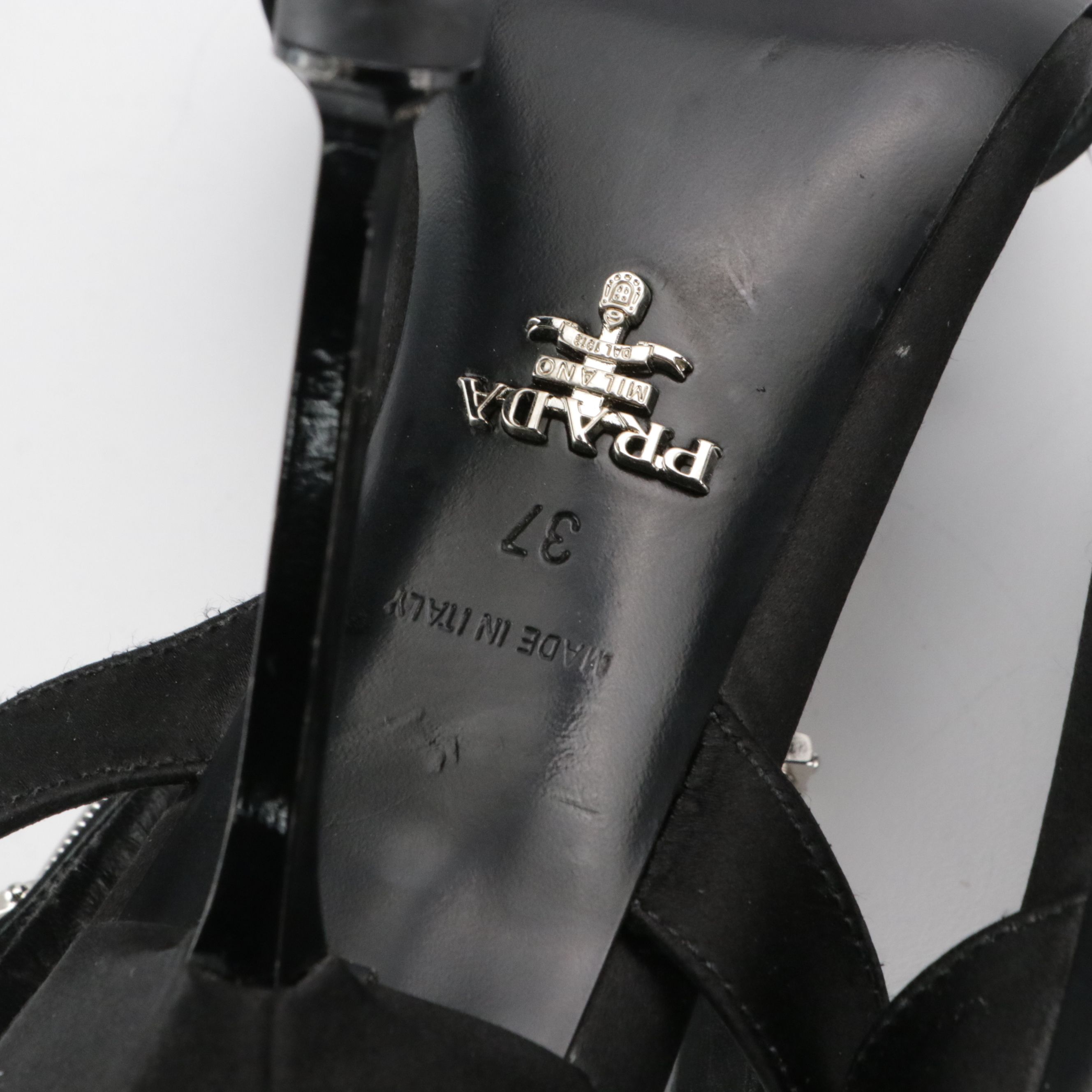 Prada Black Satin T-Strap Stiletto Sandals with Metal Embellishments