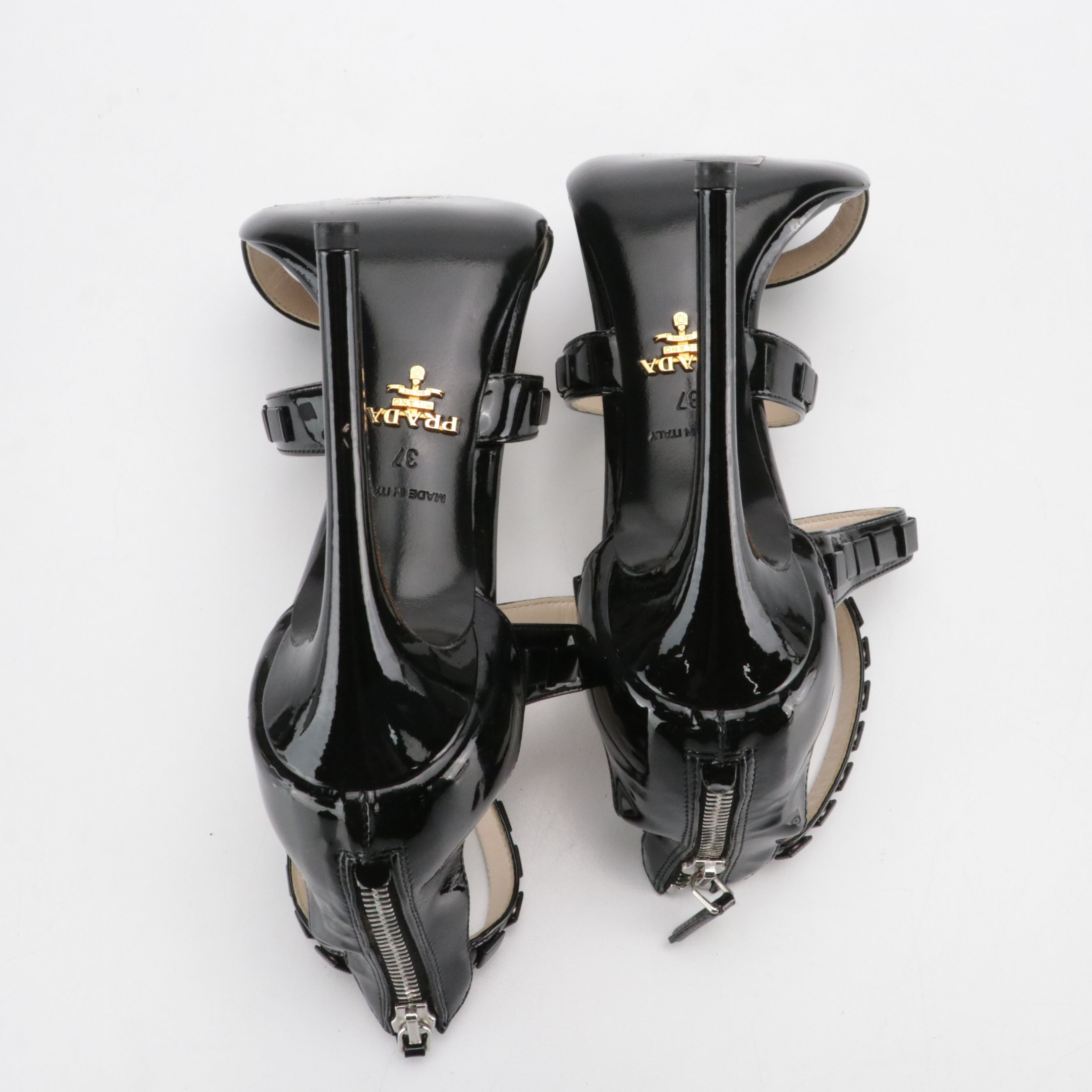 Prada Square-Studded High Heel Sandals in Black Patent Leather