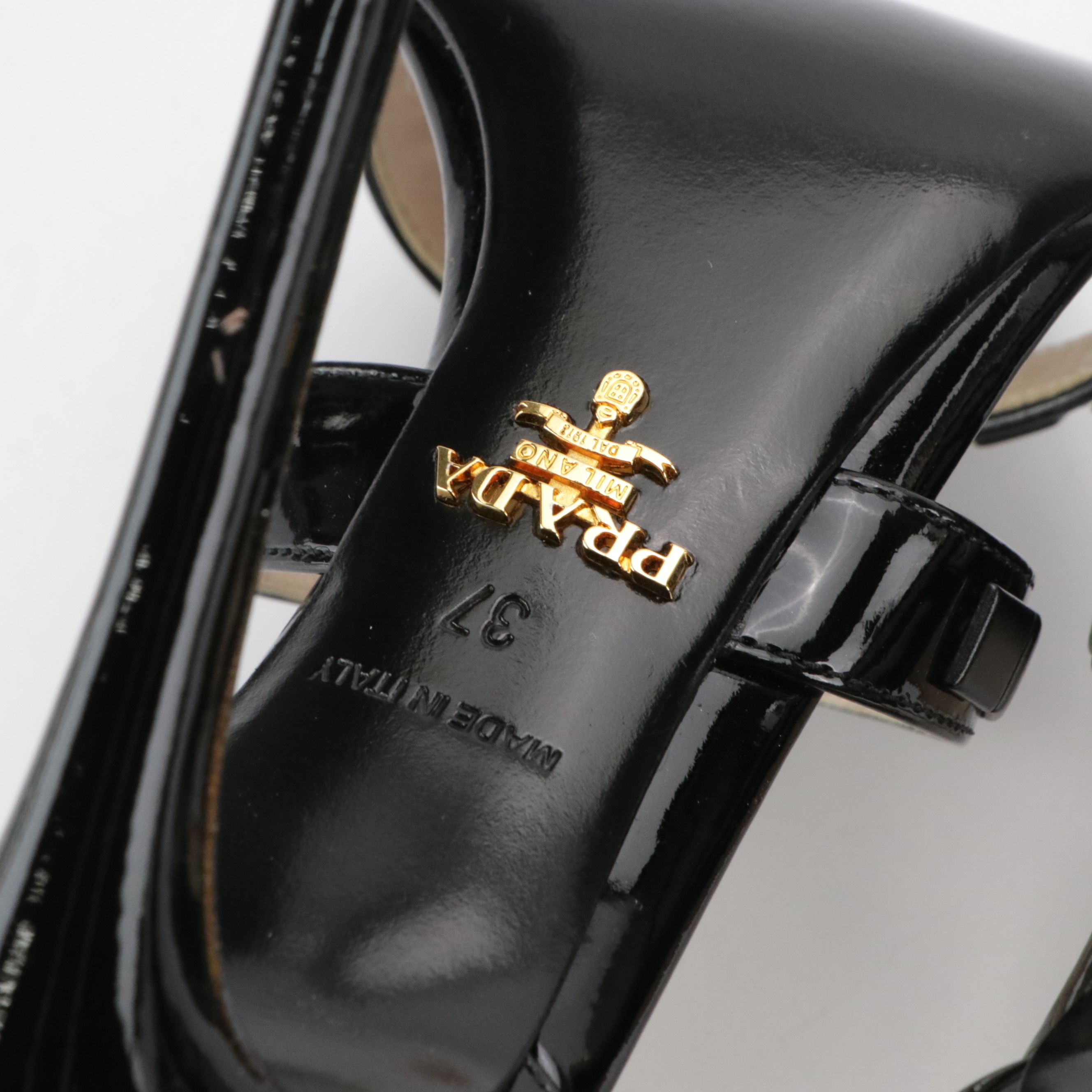 Prada Square-Studded High Heel Sandals in Black Patent Leather