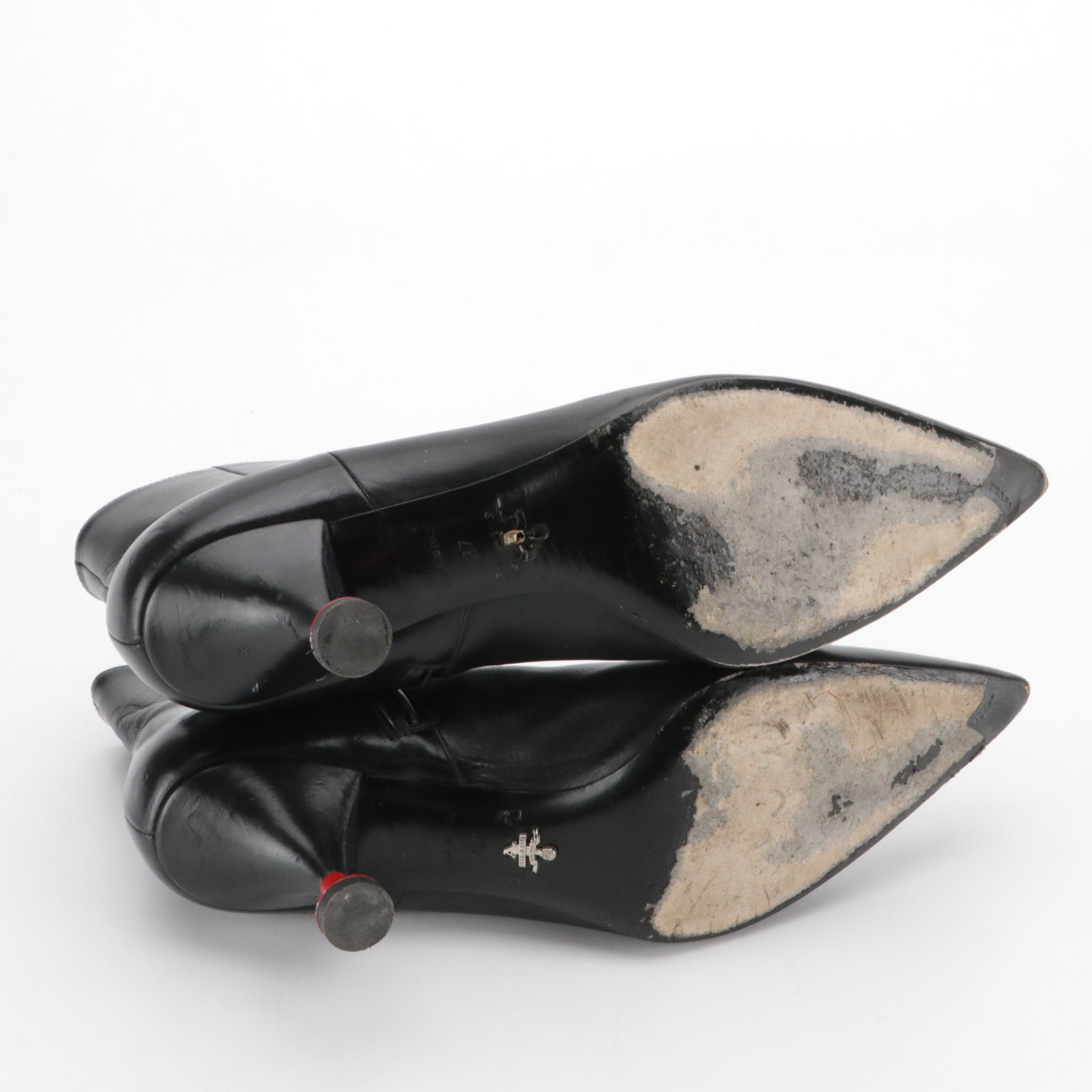 Prada Pointed-Toe Booties in Black Leather with Red Accents