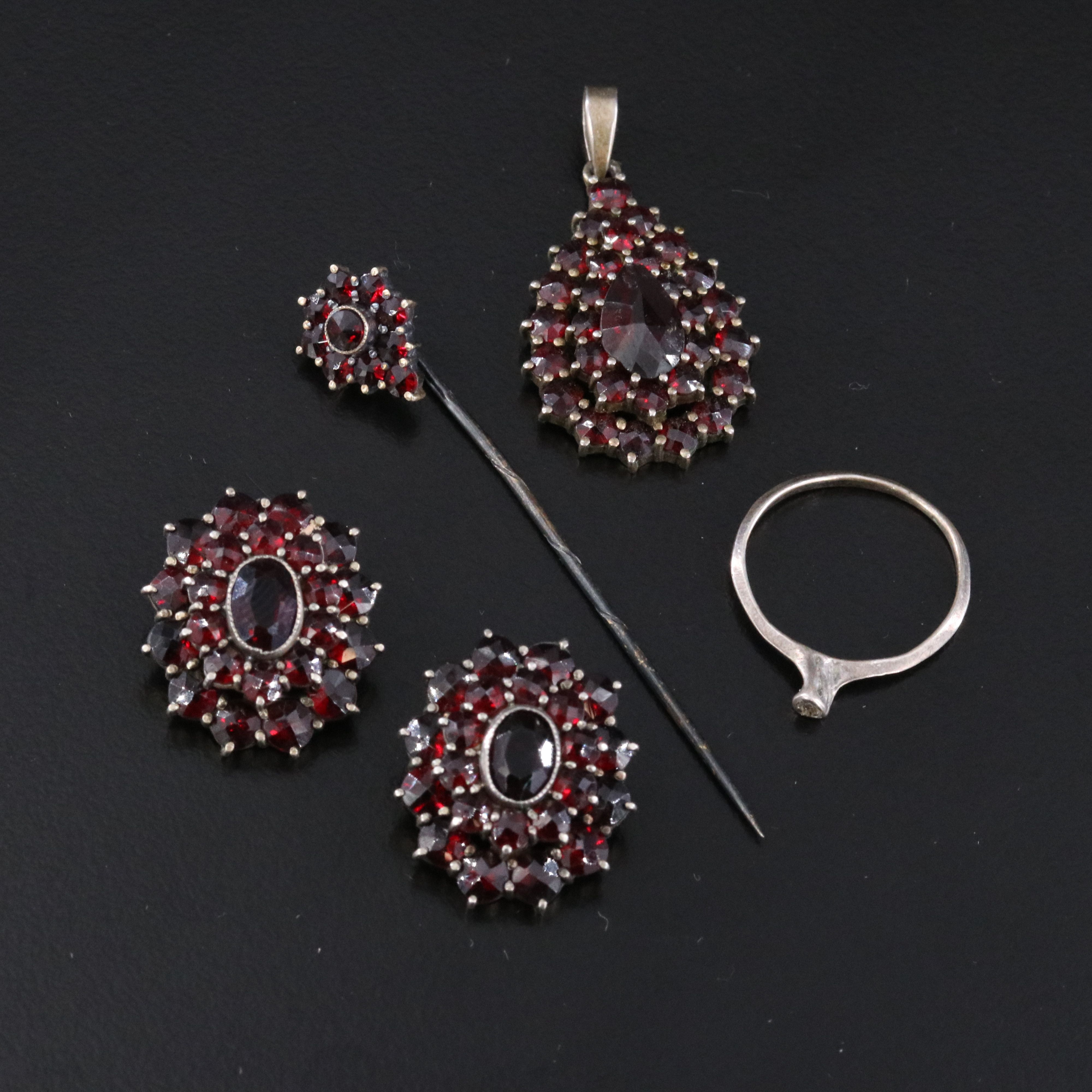 Vintage 900 Silver and 835 Silver with Sterling Ring Including Garnet