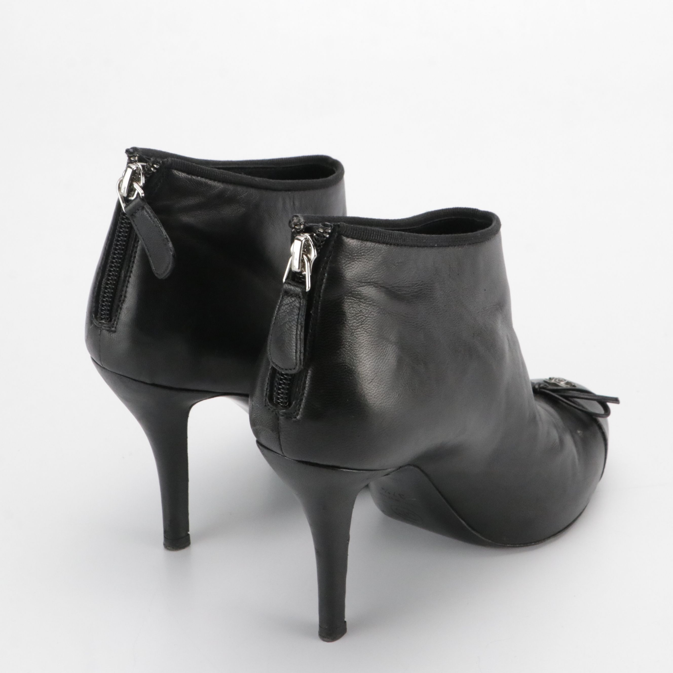 Chanel Black Lambskin Leather CC Bow Cap-Toe High-Heel Ankle Boots