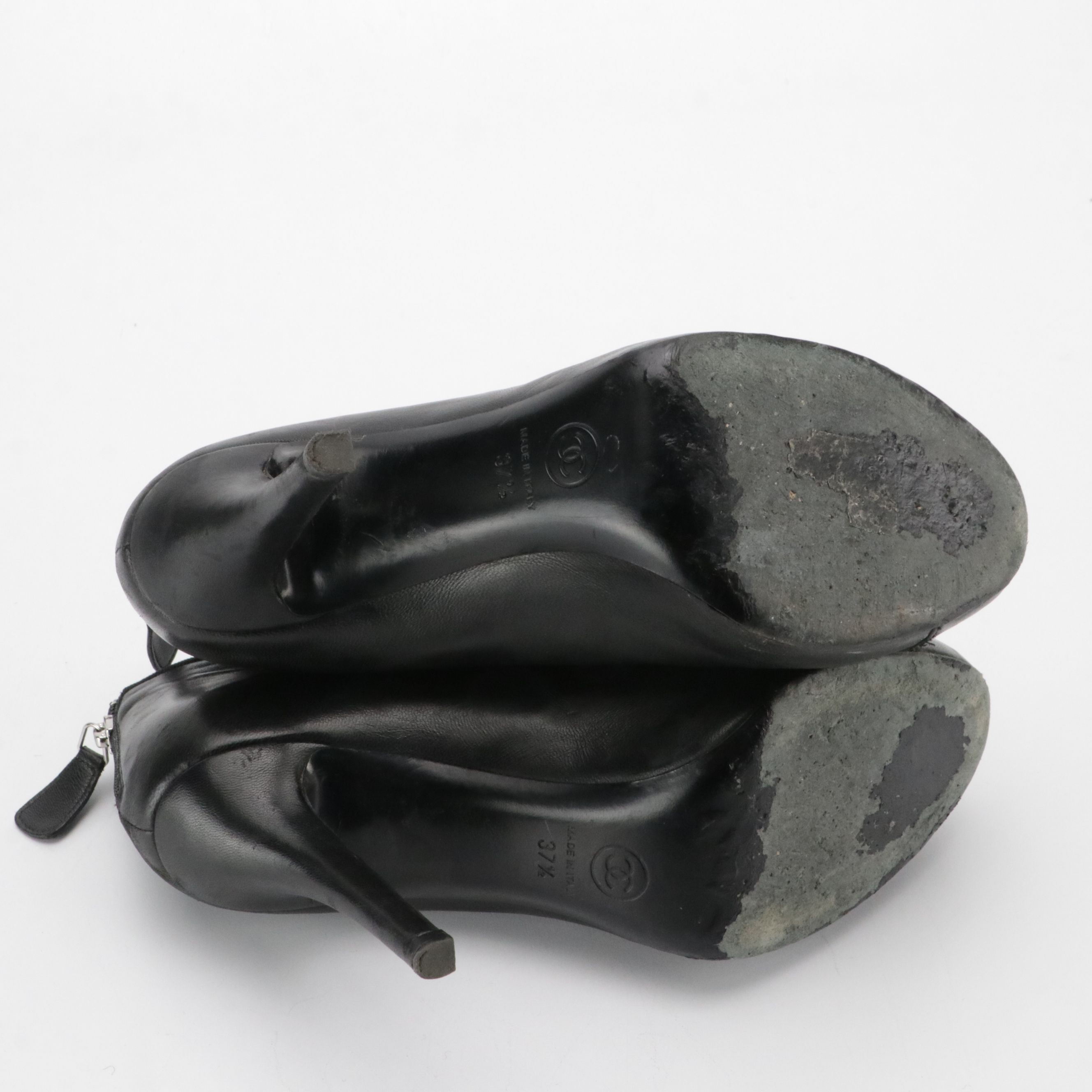 Chanel Black Lambskin Leather CC Bow Cap-Toe High-Heel Ankle Boots