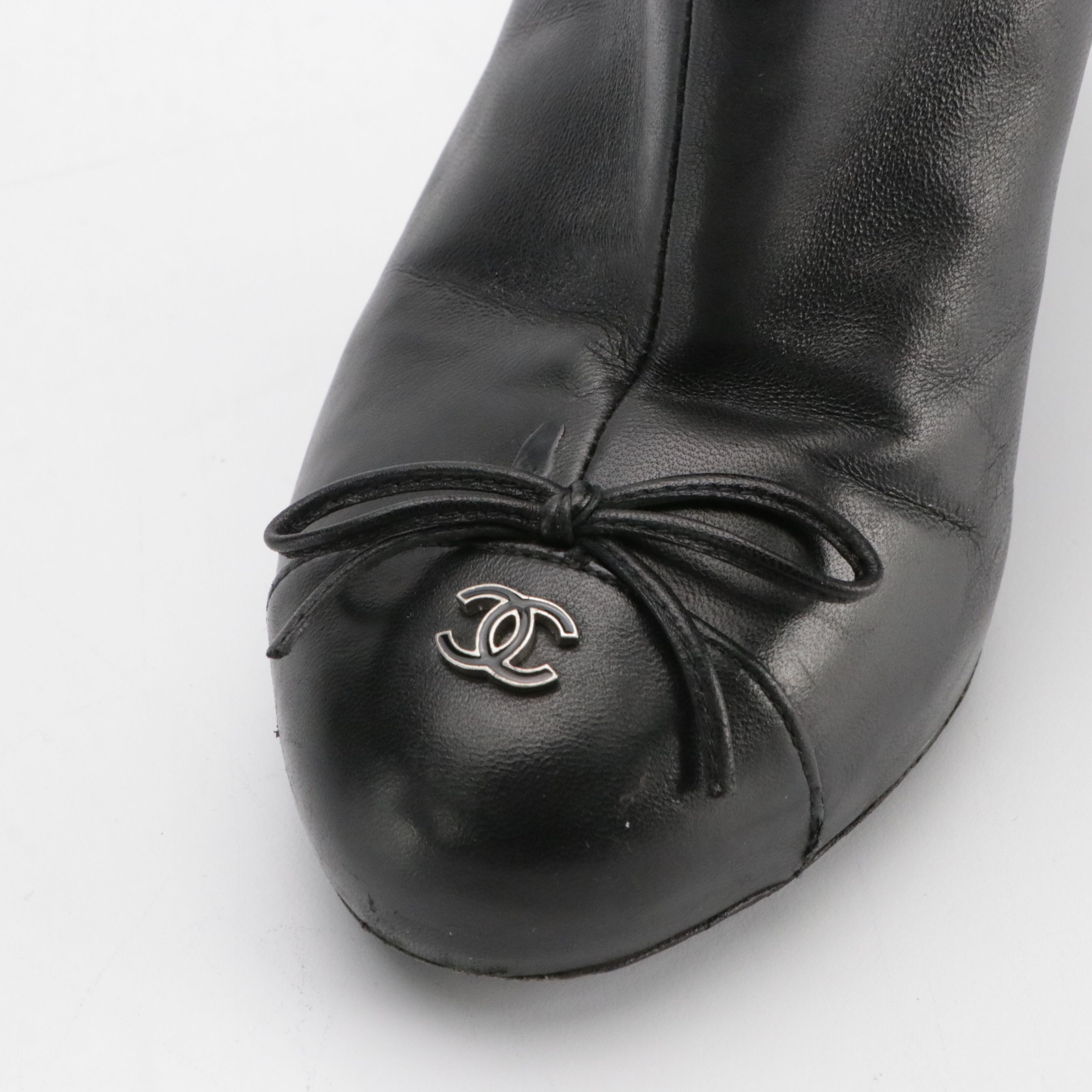 Chanel Black Lambskin Leather CC Bow Cap-Toe High-Heel Ankle Boots