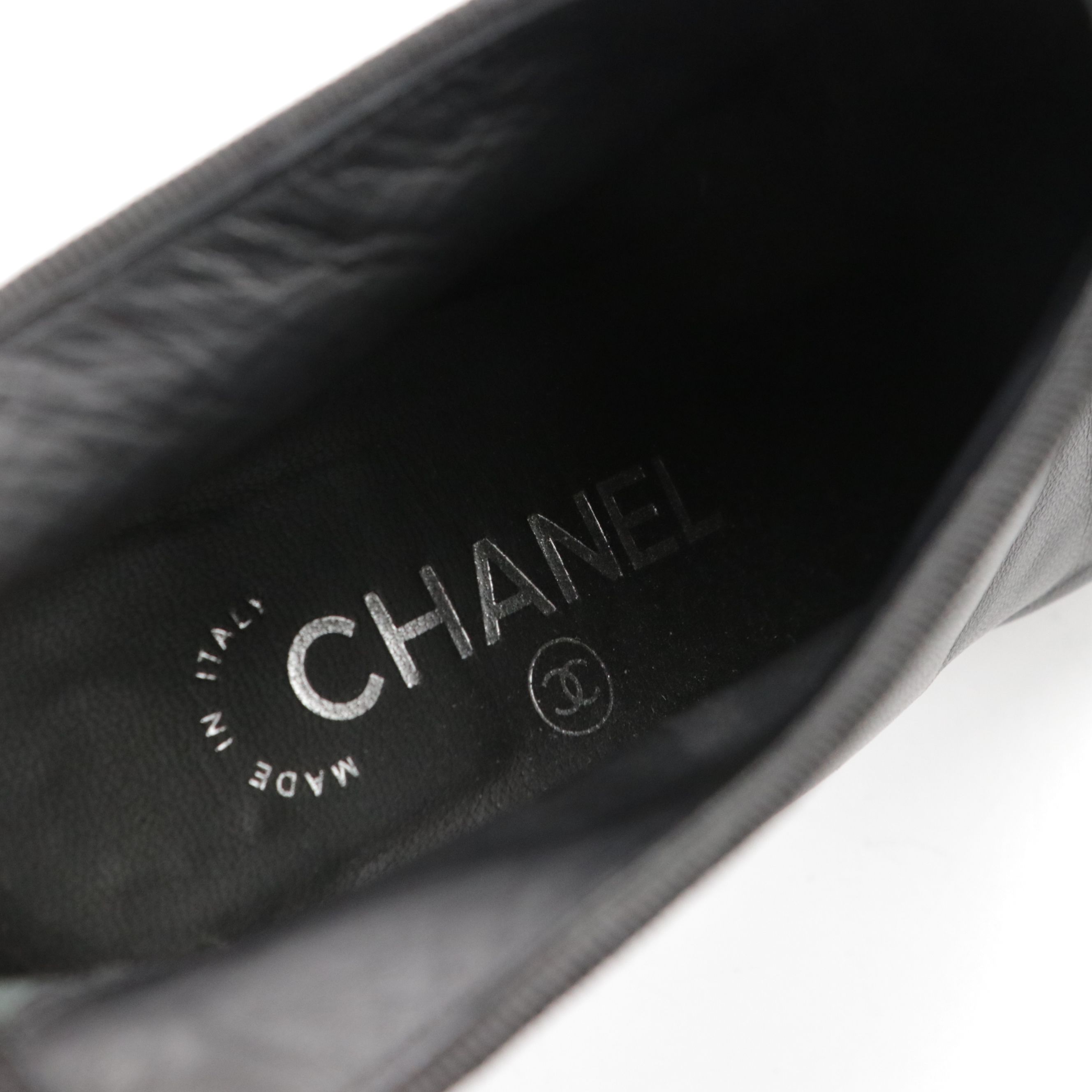 Chanel Black Lambskin Leather CC Bow Cap-Toe High-Heel Ankle Boots