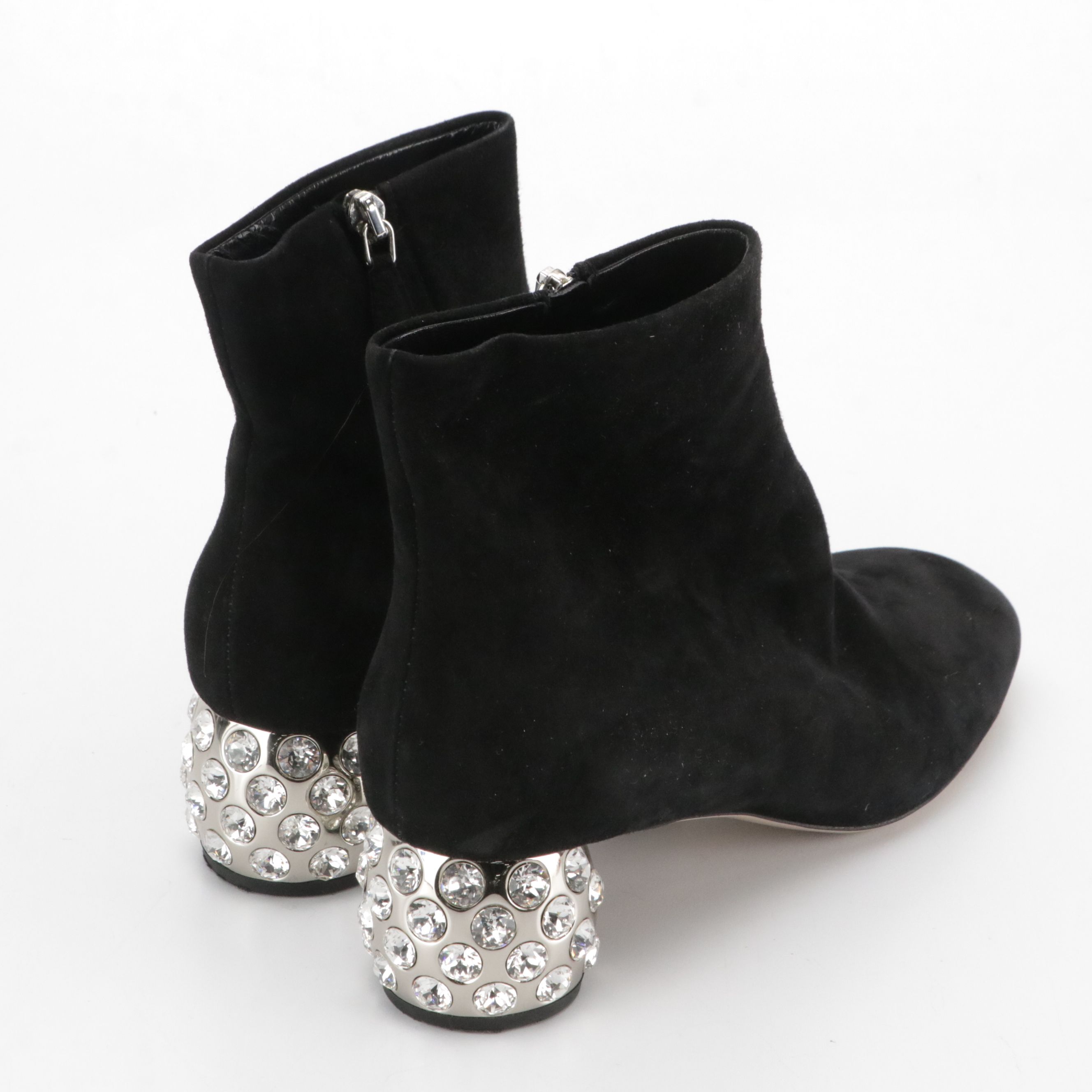 Miu Miu Black Suede Ankle Boots with Embellished Heels