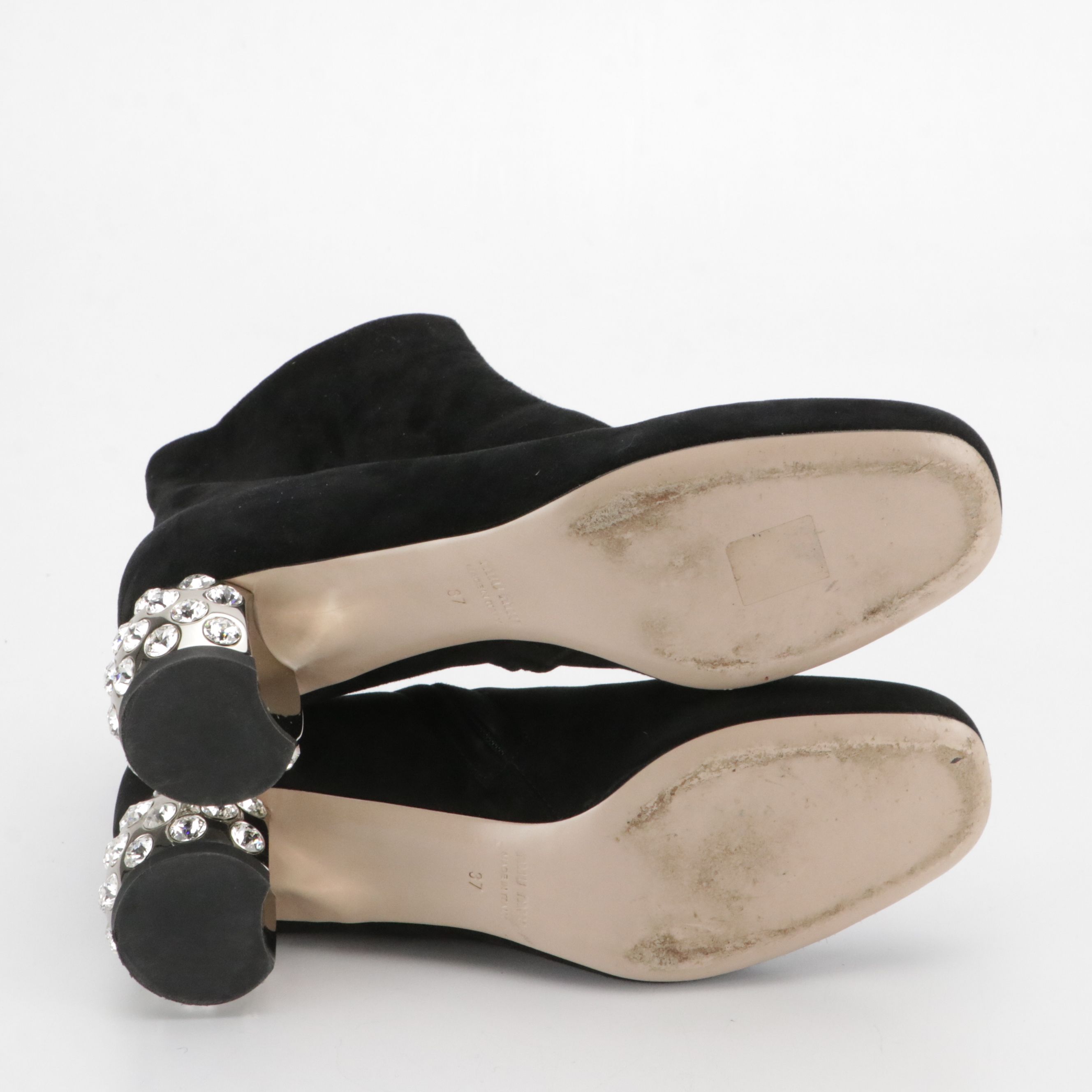 Miu Miu Black Suede Ankle Boots with Embellished Heels