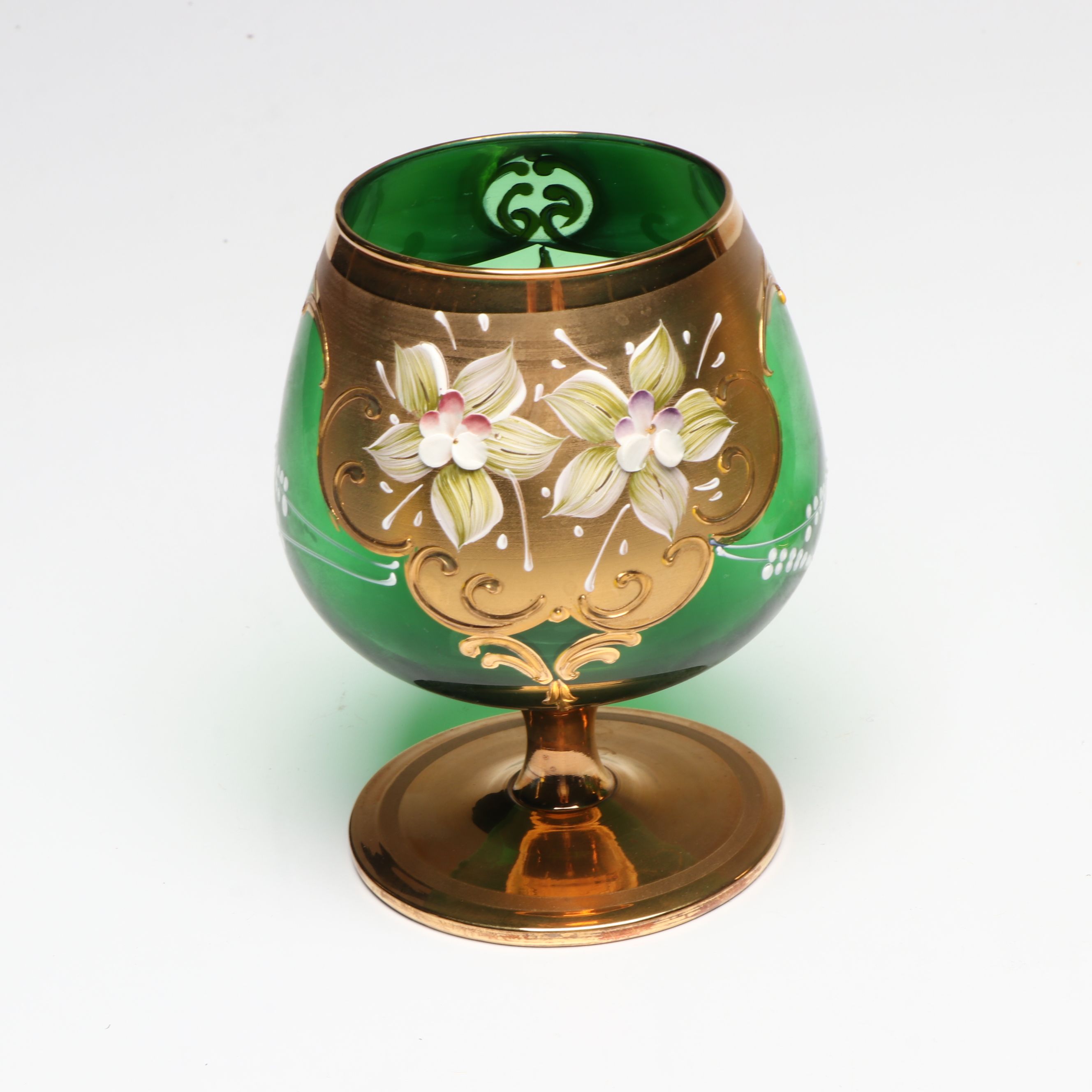 Laguna Murano Gold Gilt Floral Glass Brandy Glasses with Other Cordial Glasses