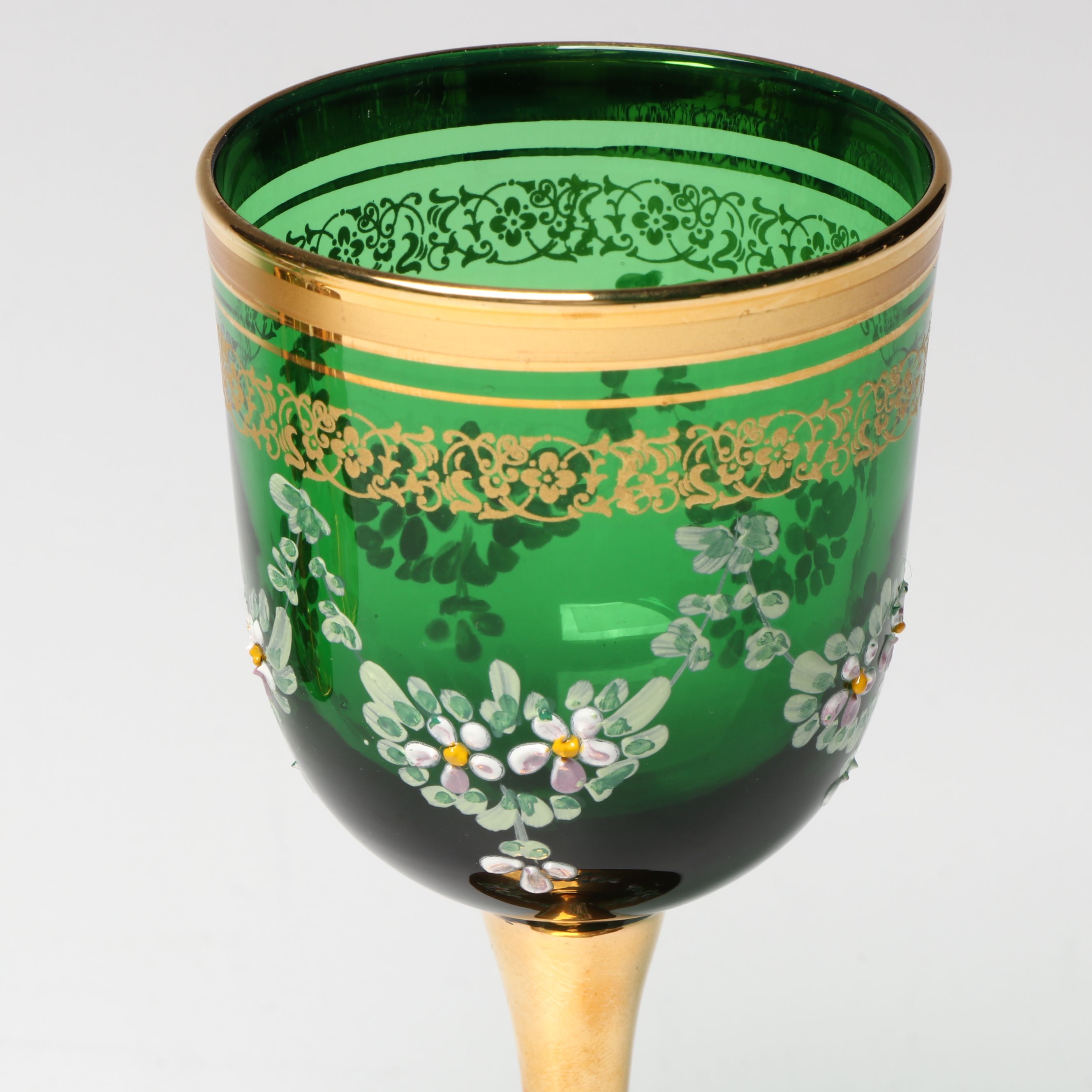 Laguna Murano Hand-Painted Floral Gold Gilt Green Glass Wine Glasses