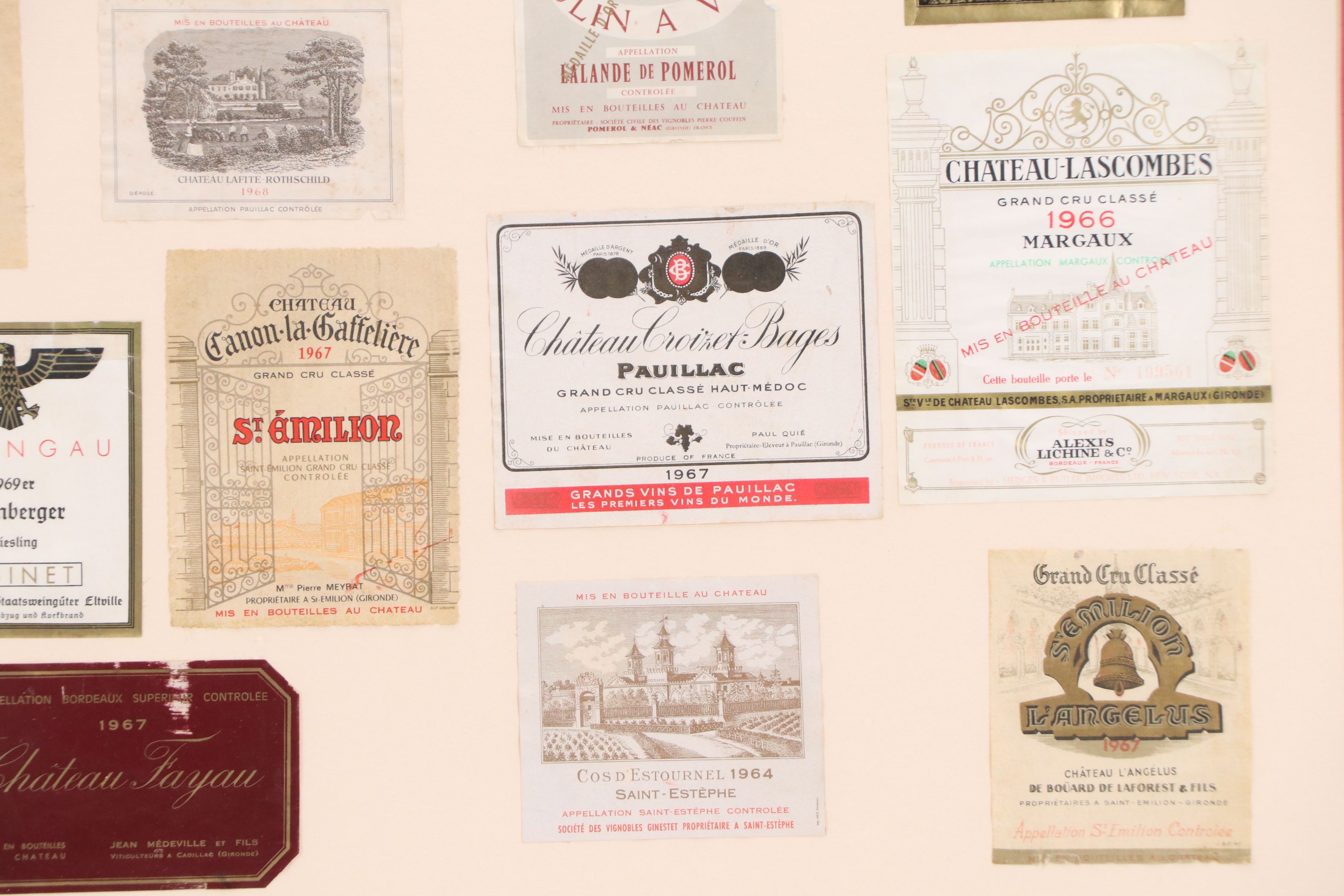 Printed Label Collage of 1960s Bordeaux Region Wines, Circa 1970