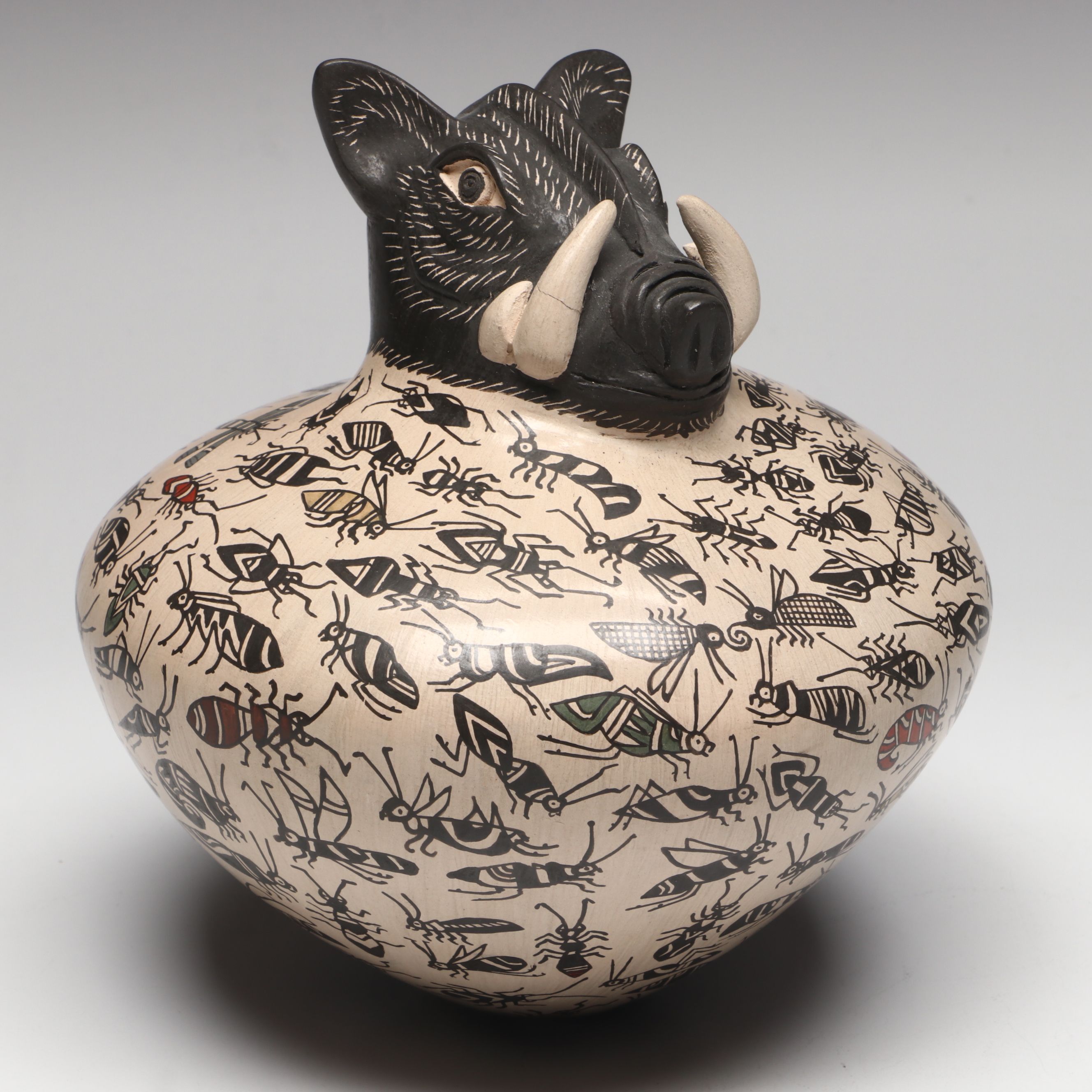 Manuel Rodríguez Guillen Mata Ortiz Pottery Vase with Boar and Insect Design