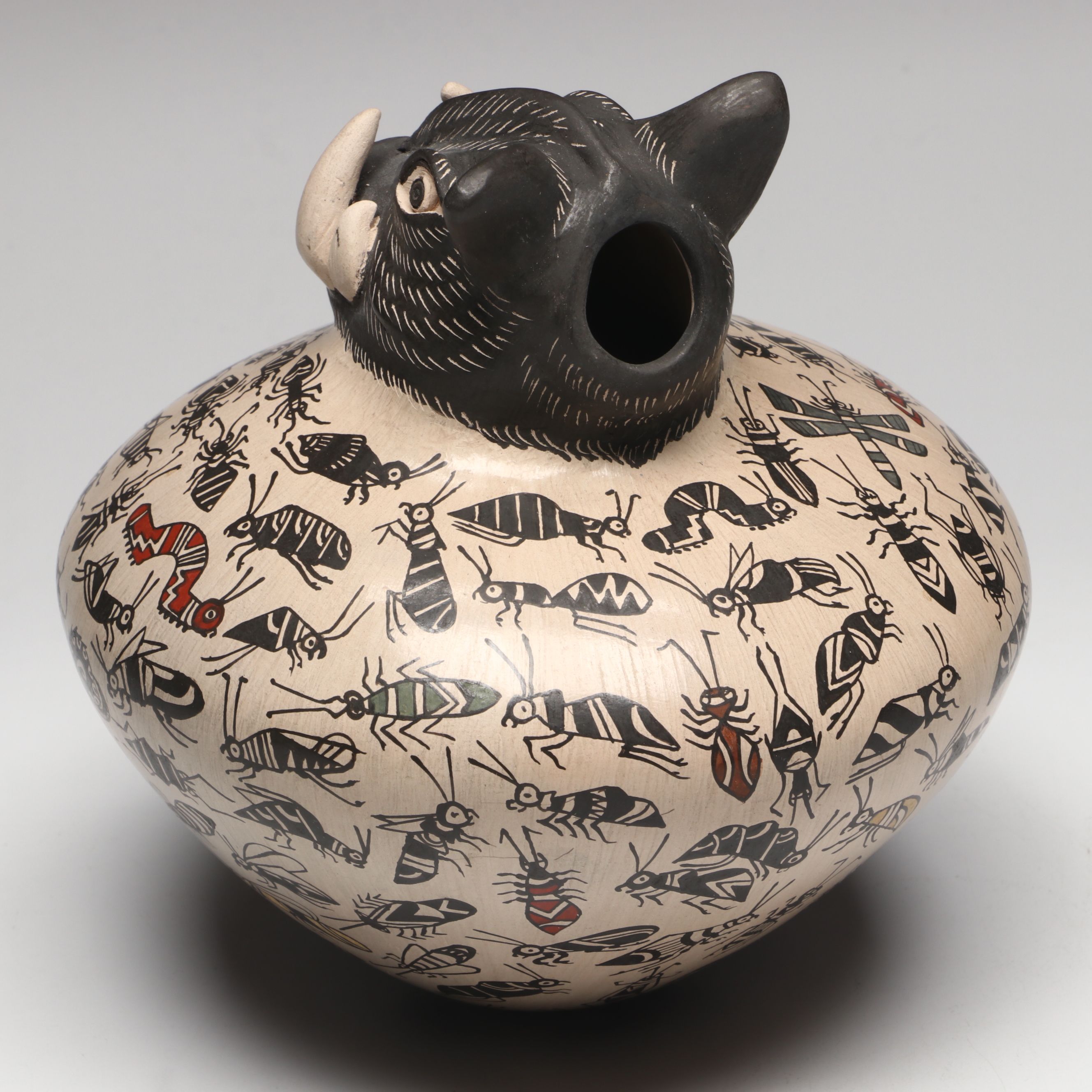 Manuel Rodríguez Guillen Mata Ortiz Pottery Vase with Boar and Insect Design