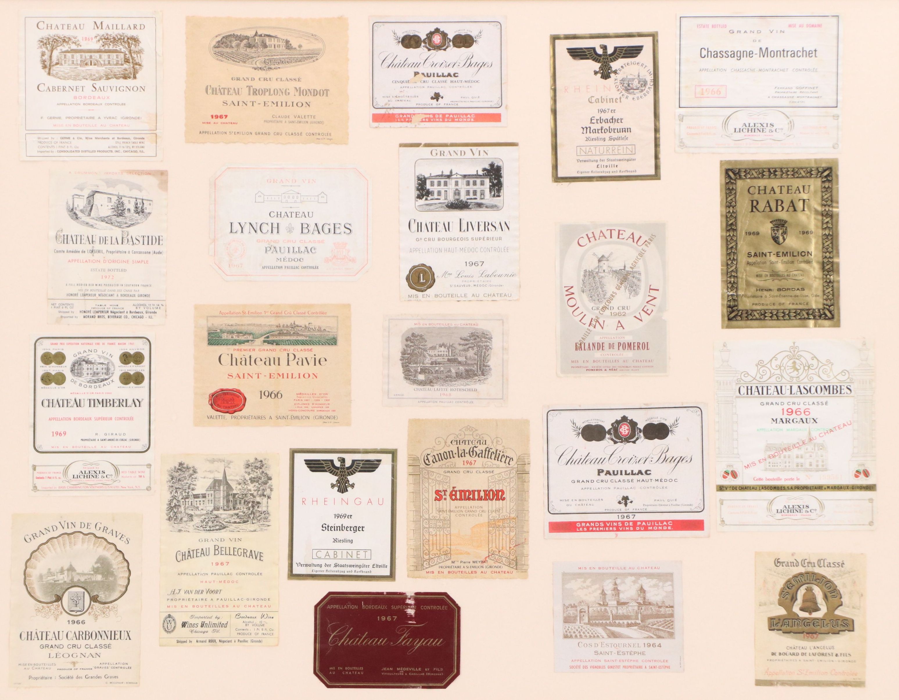 Printed Label Collage of 1960s Bordeaux Region Wines, Circa 1970