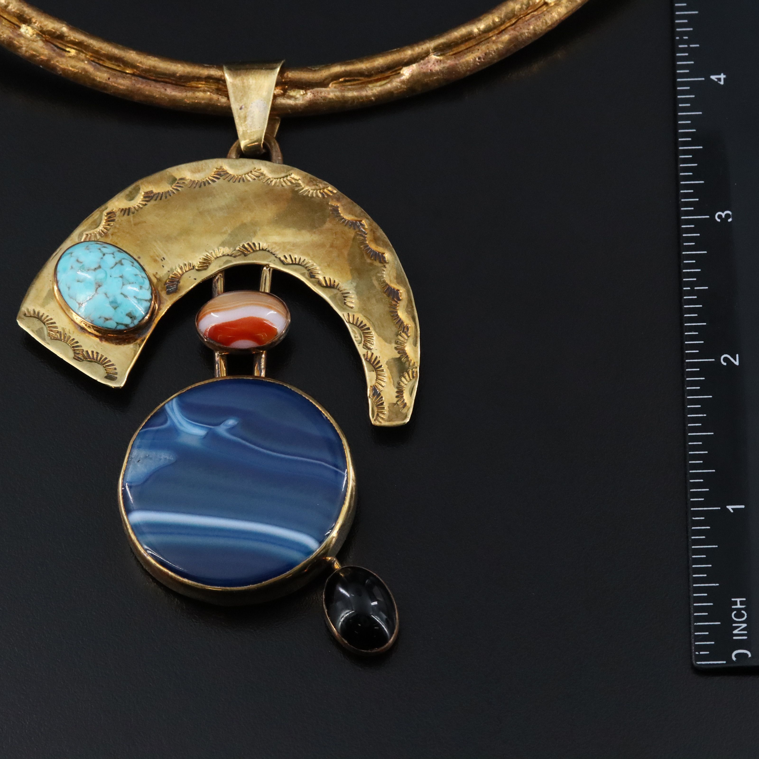 Brass Faux Turquoise and Agate Pendant Collar Necklace
