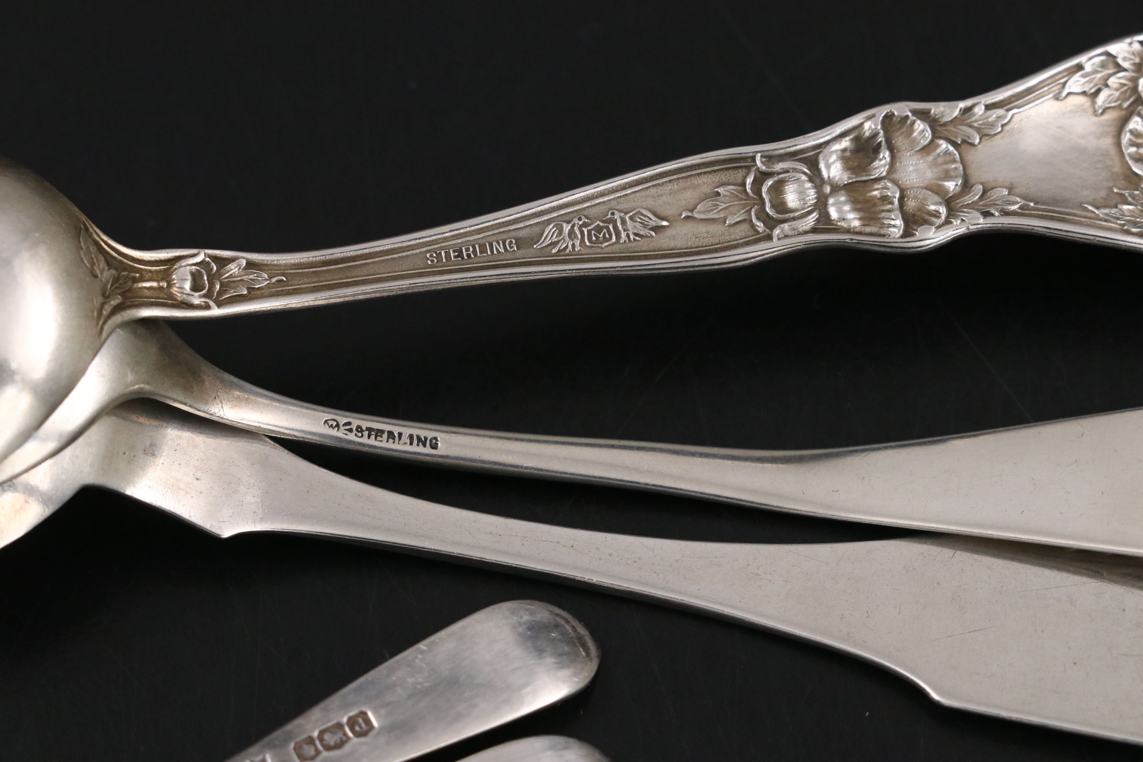 English Sterling Demitasse Spoon Set with Bunny Rattle and Other Utensils