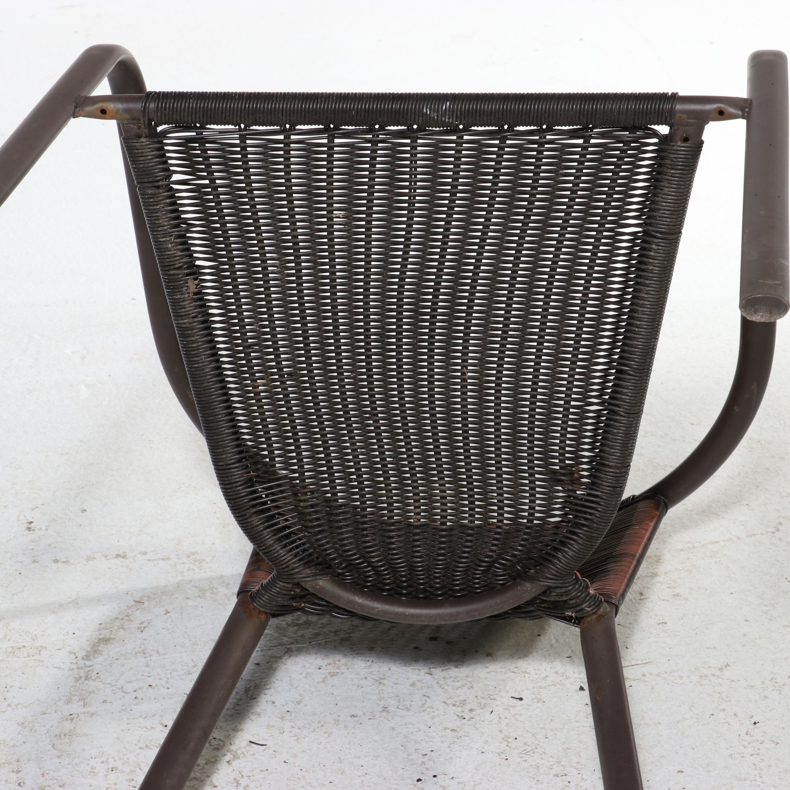 Wrought Iron Patio Chaise with Cushion and Pair of Lawn Chairs, 21st Century