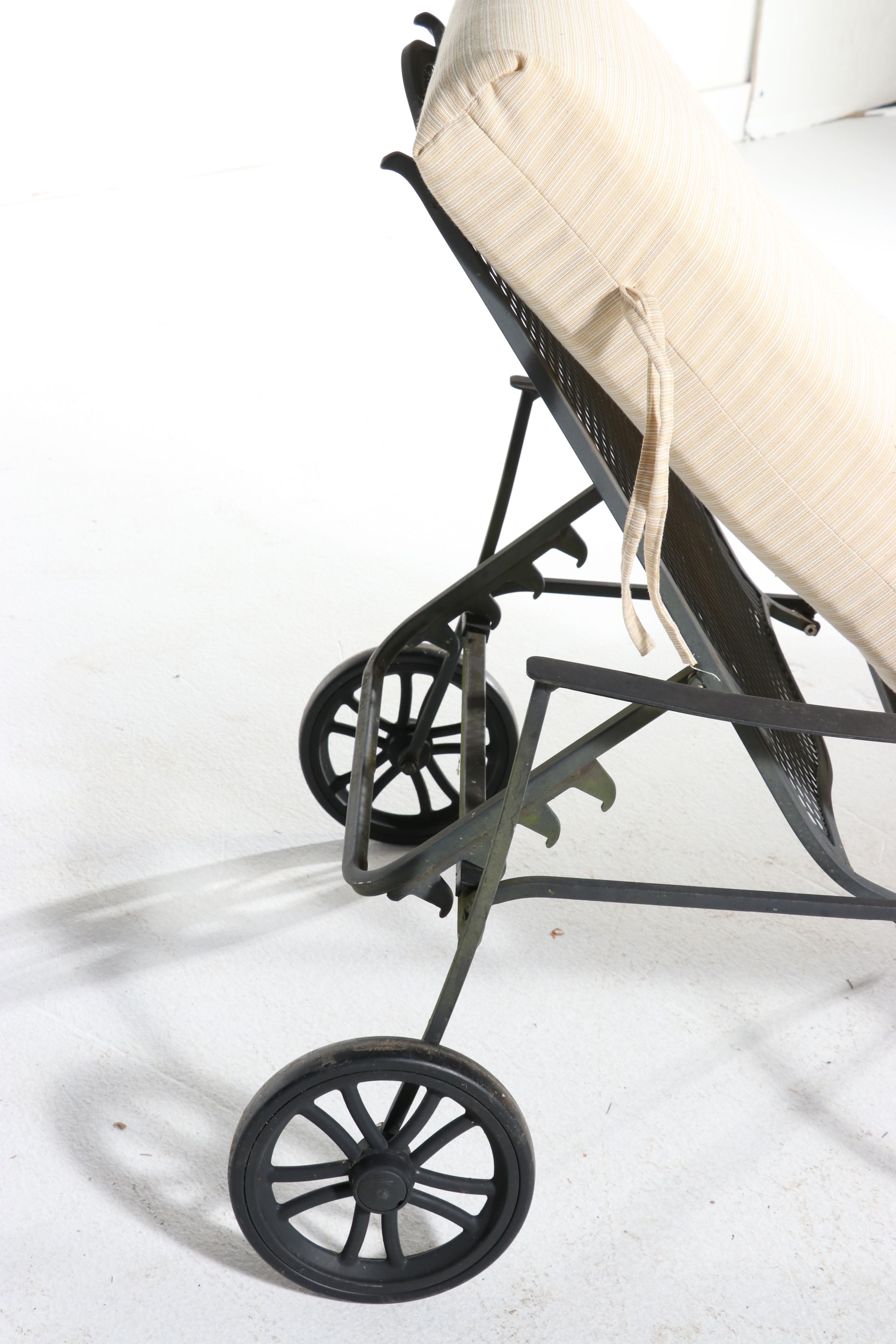 Wrought Iron Patio Chaise with Cushion and Pair of Lawn Chairs, 21st Century