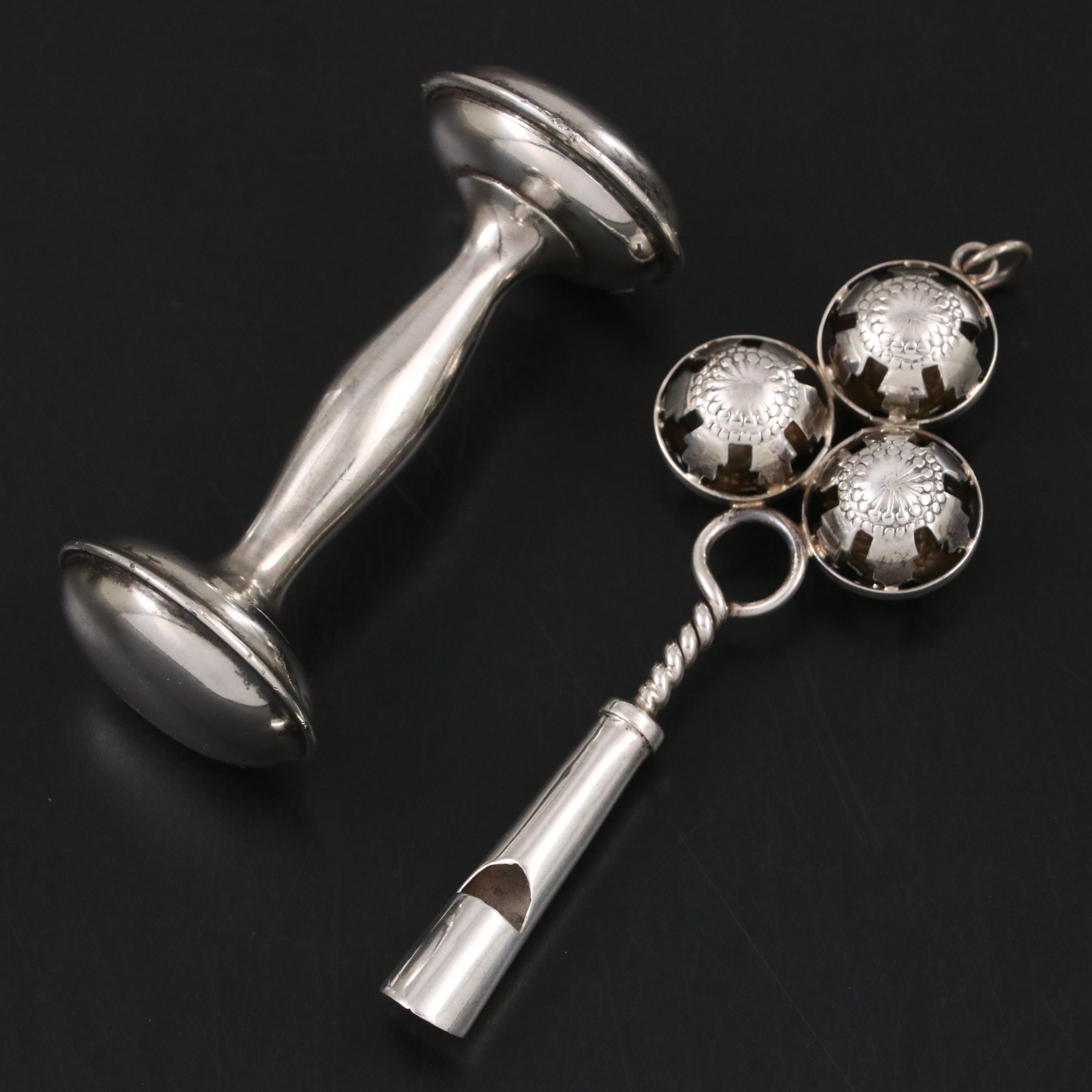 Victorian Style Sterling Baby Rattle with Whistle and Other Sterling Rattle