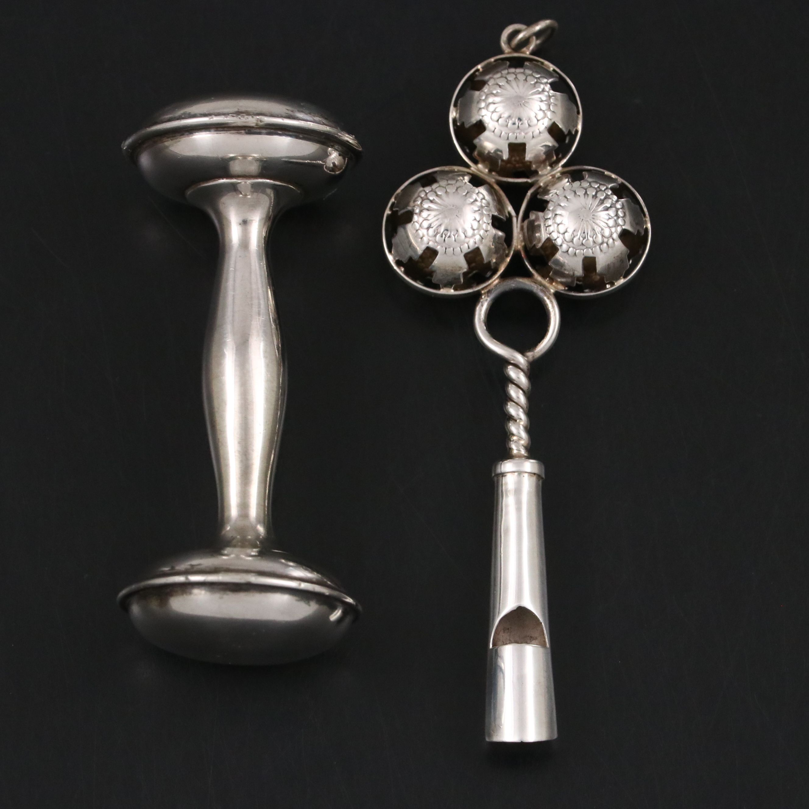 Victorian Style Sterling Baby Rattle with Whistle and Other Sterling Rattle