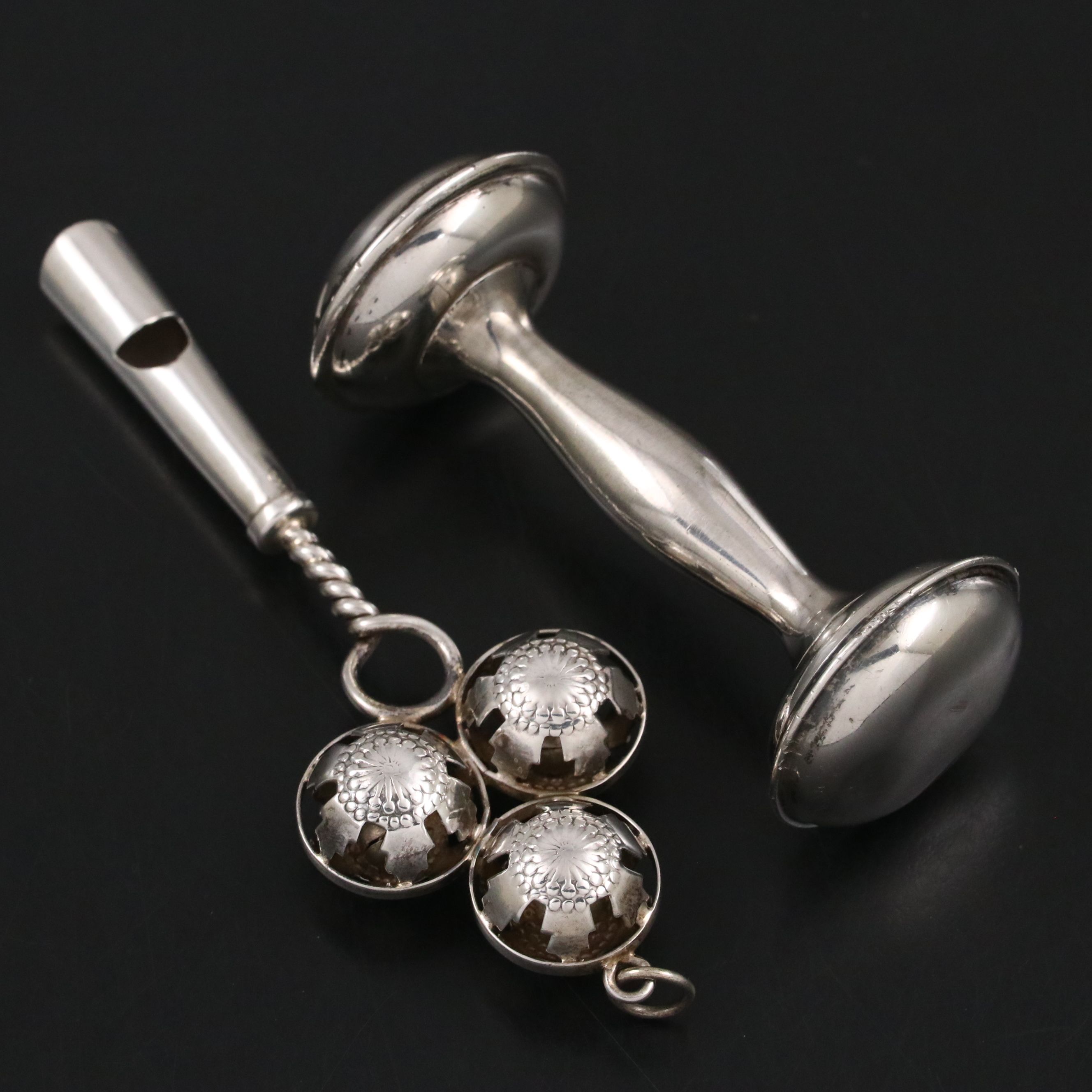 Victorian Style Sterling Baby Rattle with Whistle and Other Sterling Rattle