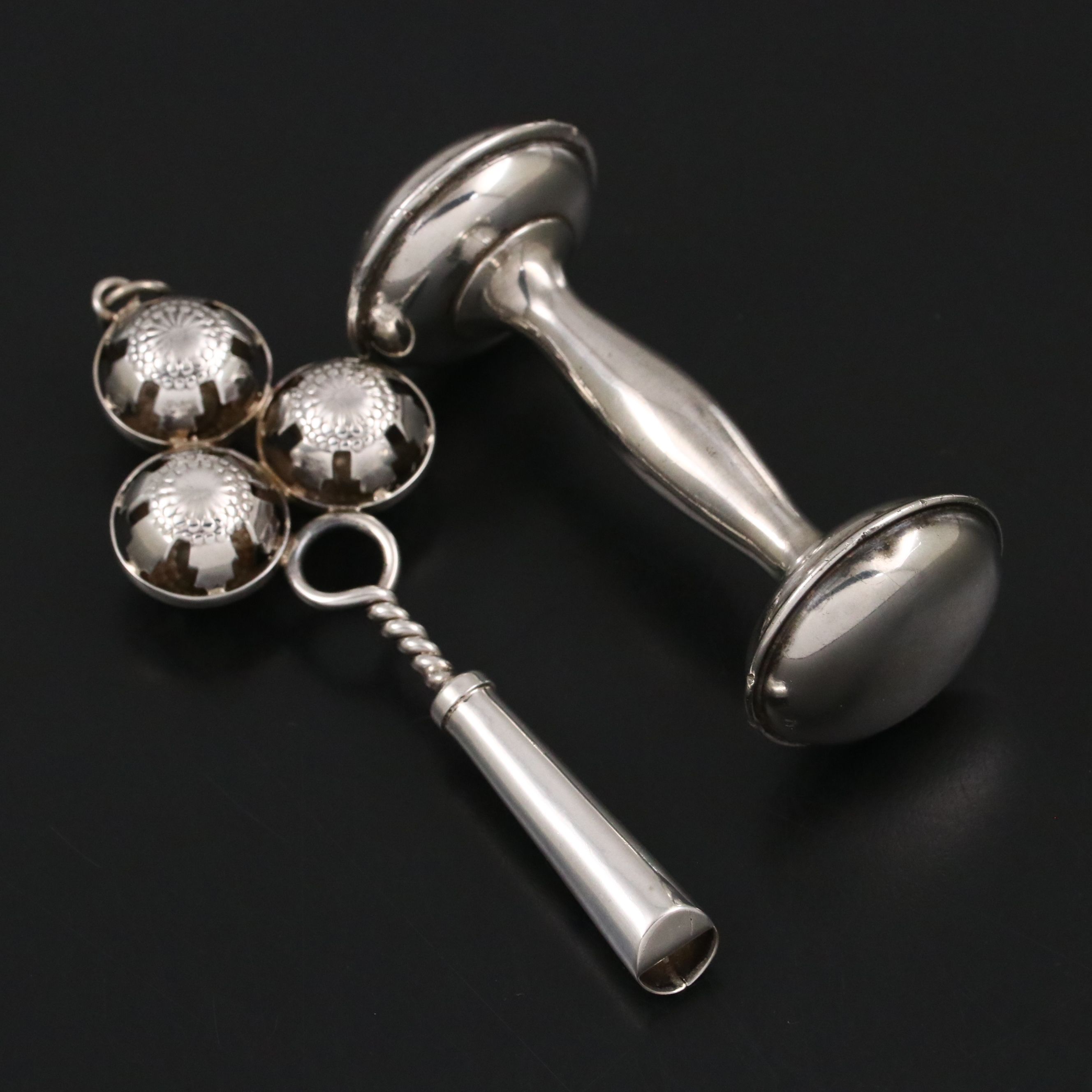Victorian Style Sterling Baby Rattle with Whistle and Other Sterling Rattle
