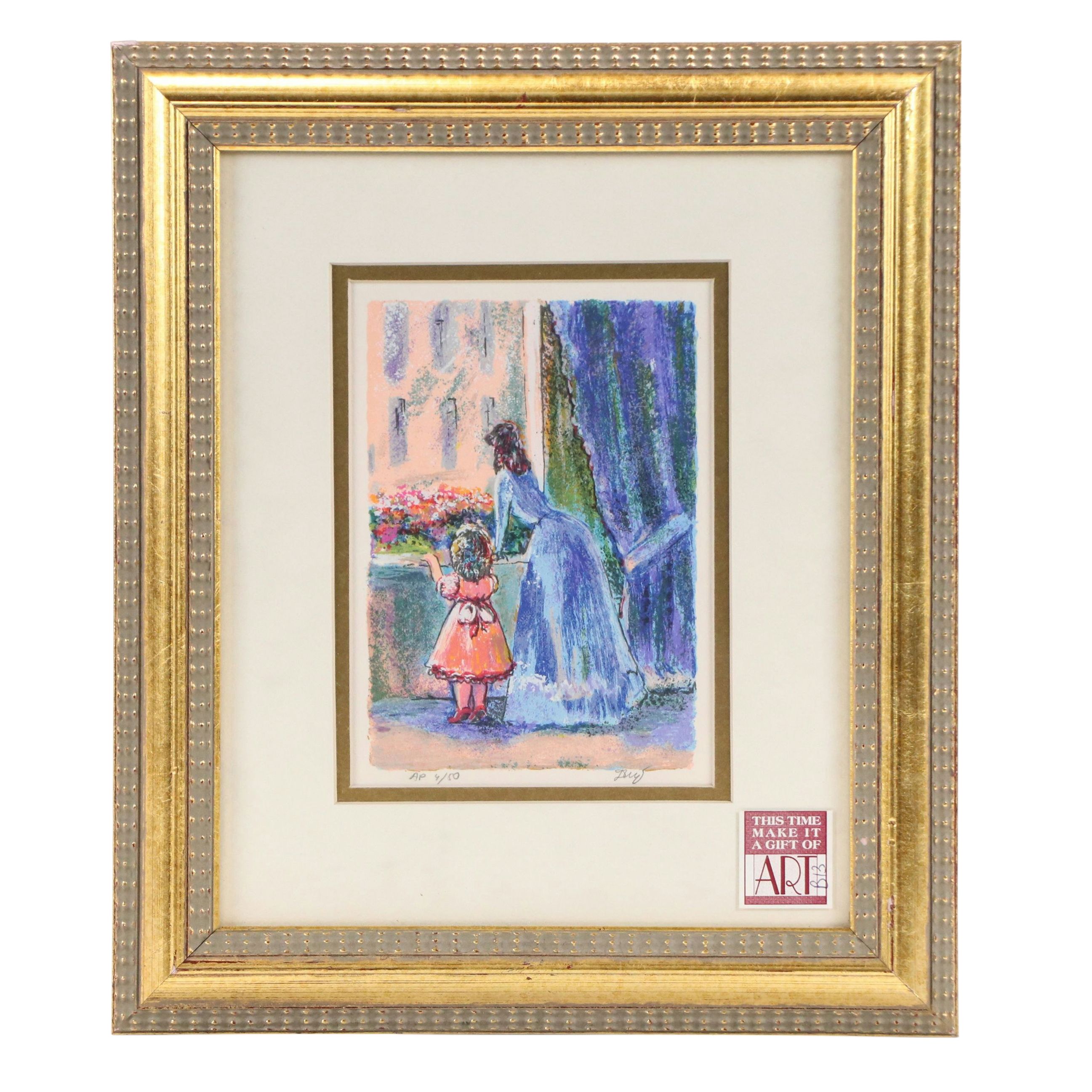 Serigraph of Impressionist Style Interior with Mother and Daughter