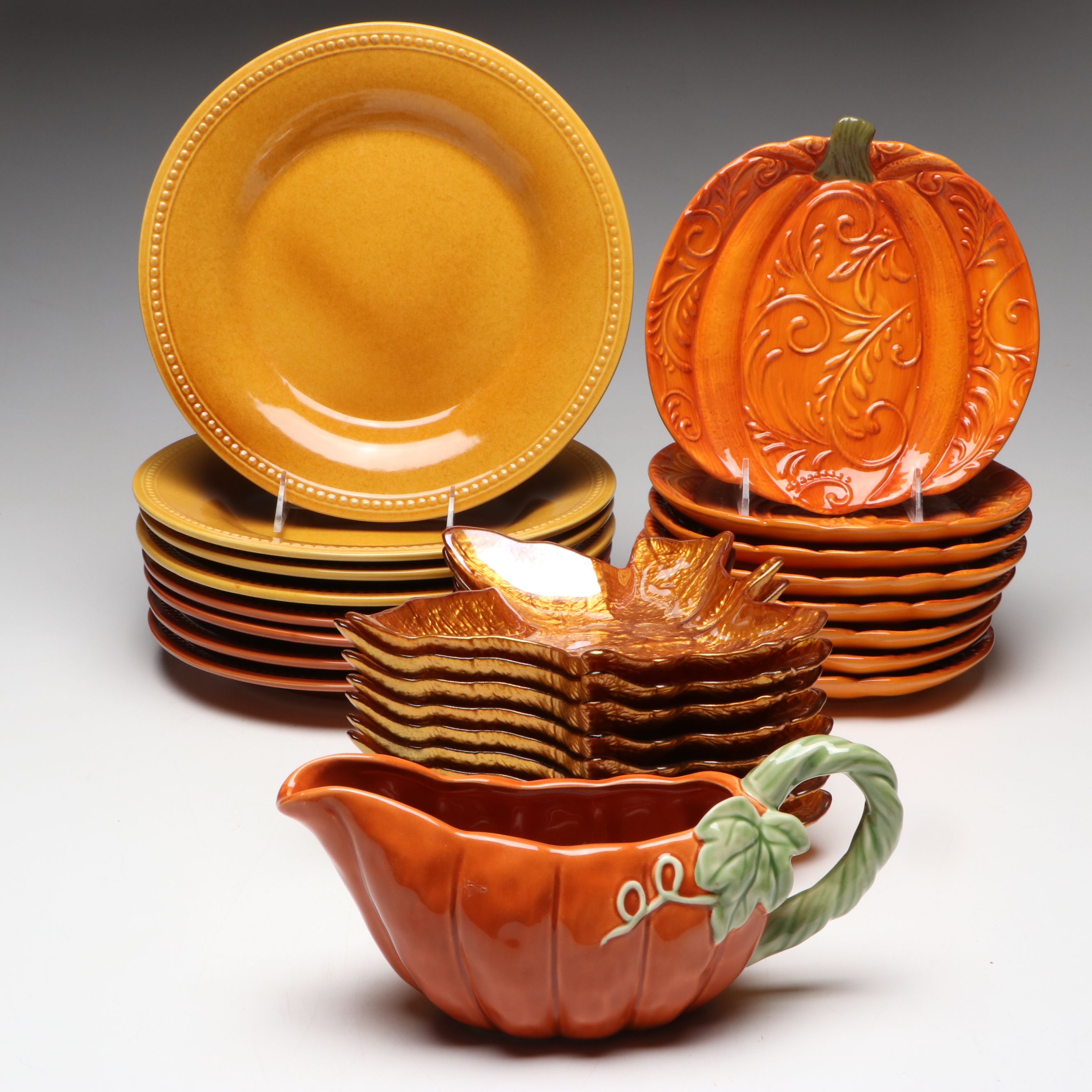 Ceramic Pumpkin Plates and Gravy Boat with More Autumn Themed Dinnerware