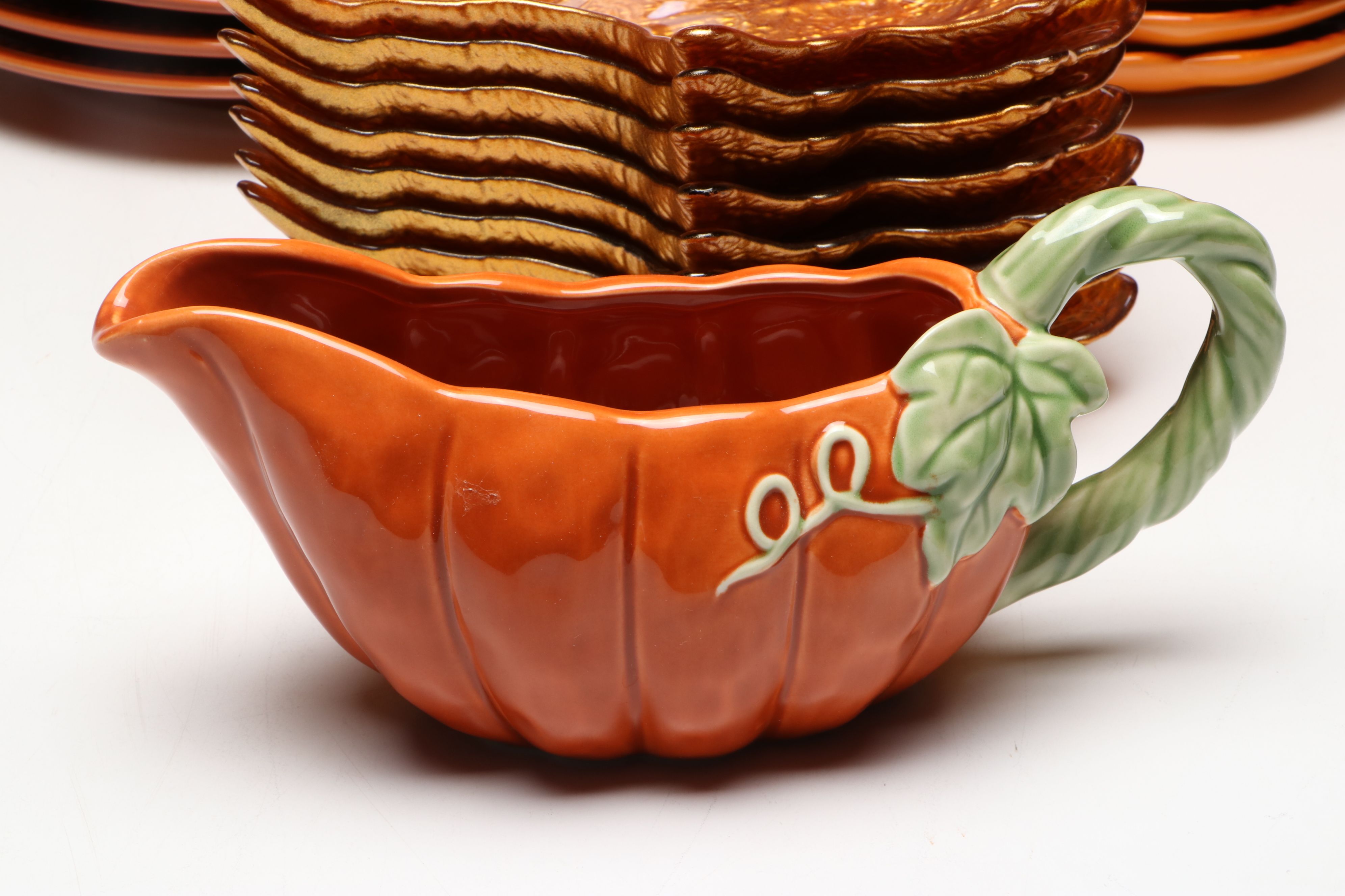 Ceramic Pumpkin Plates and Gravy Boat with More Autumn Themed Dinnerware