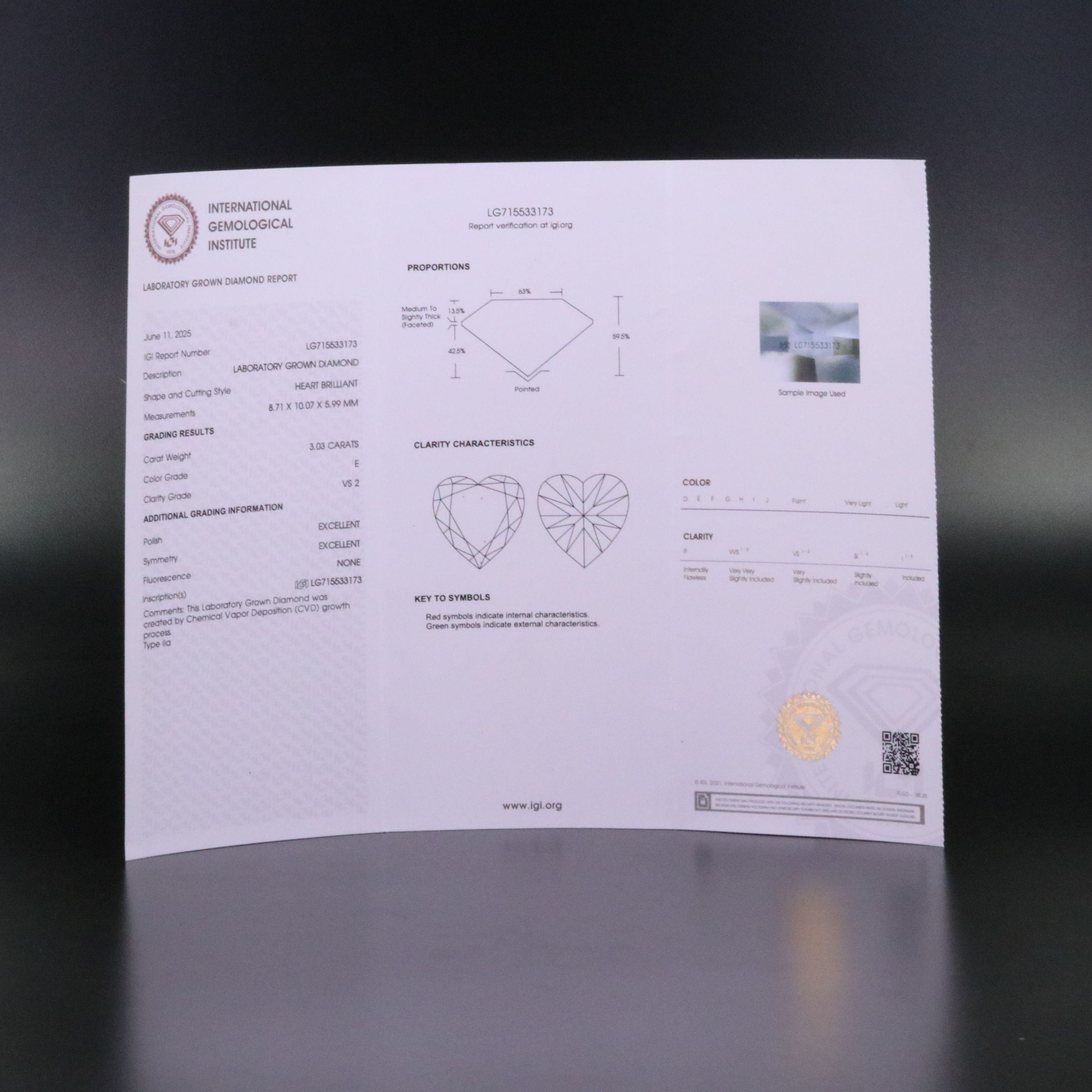 Loose 3.03 CT Lab Grown Diamond with IGI Report