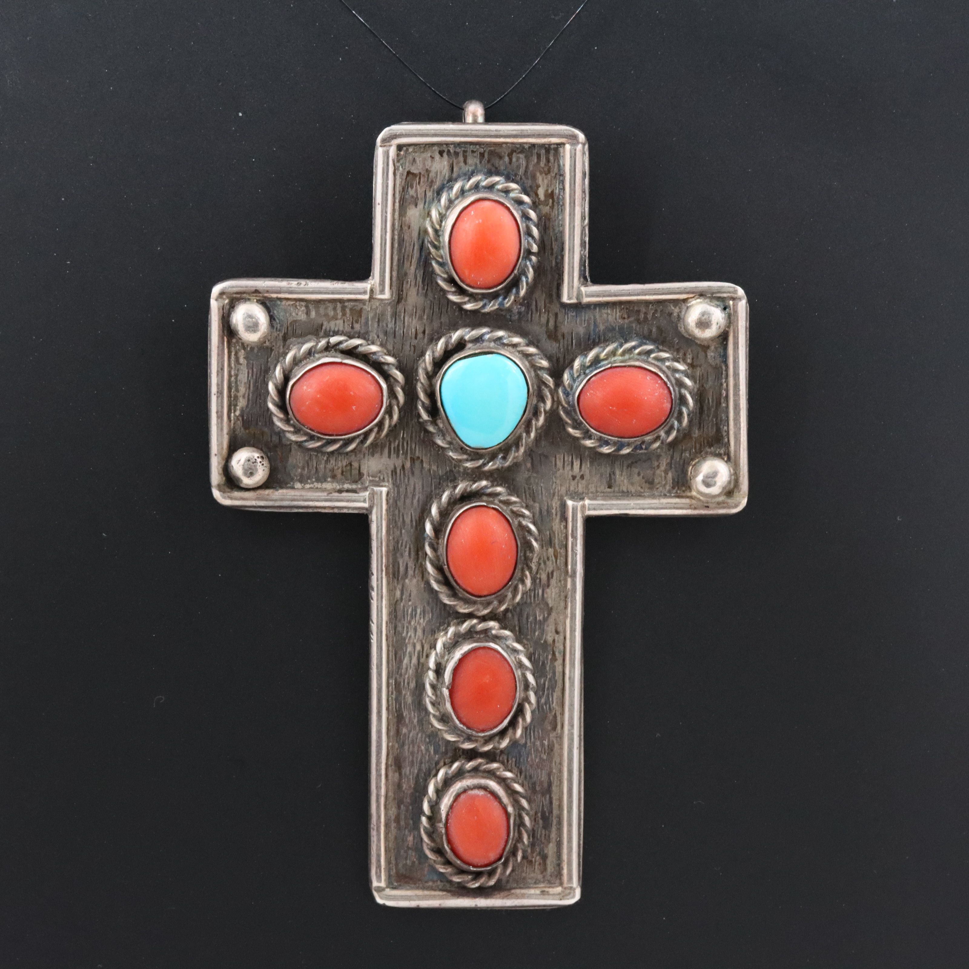 950 Silver Coral and Turquoise Cross Pendant