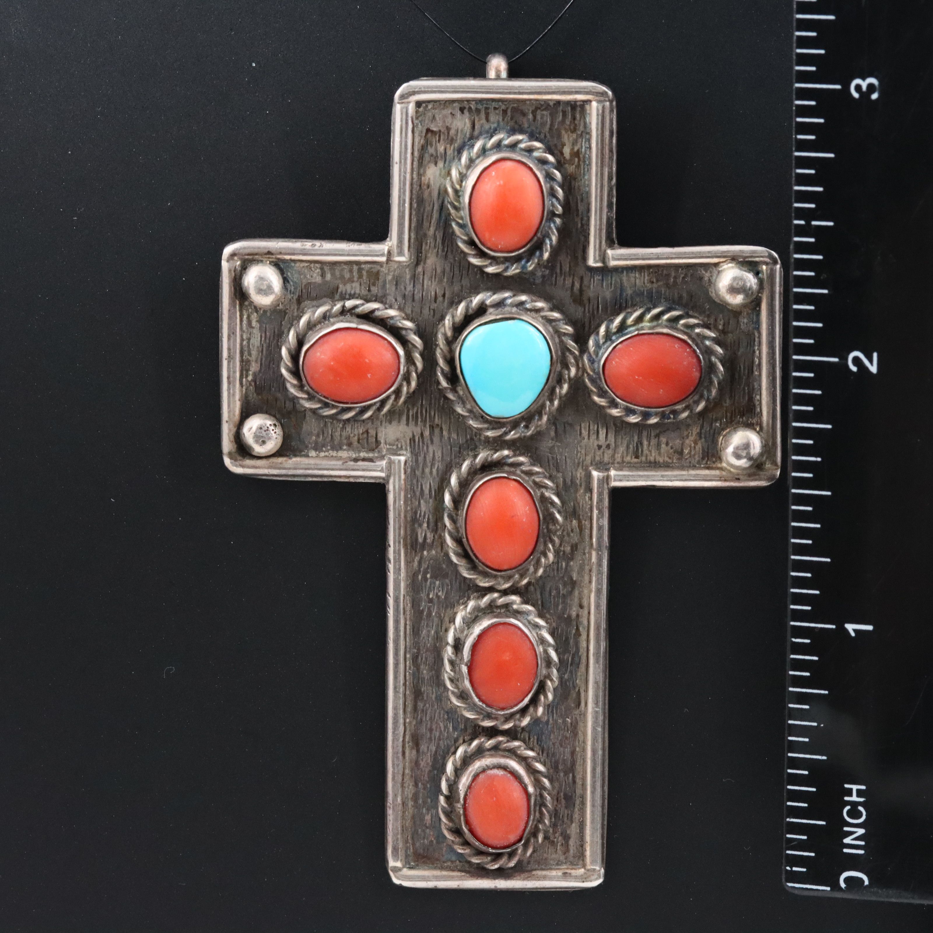 950 Silver Coral and Turquoise Cross Pendant