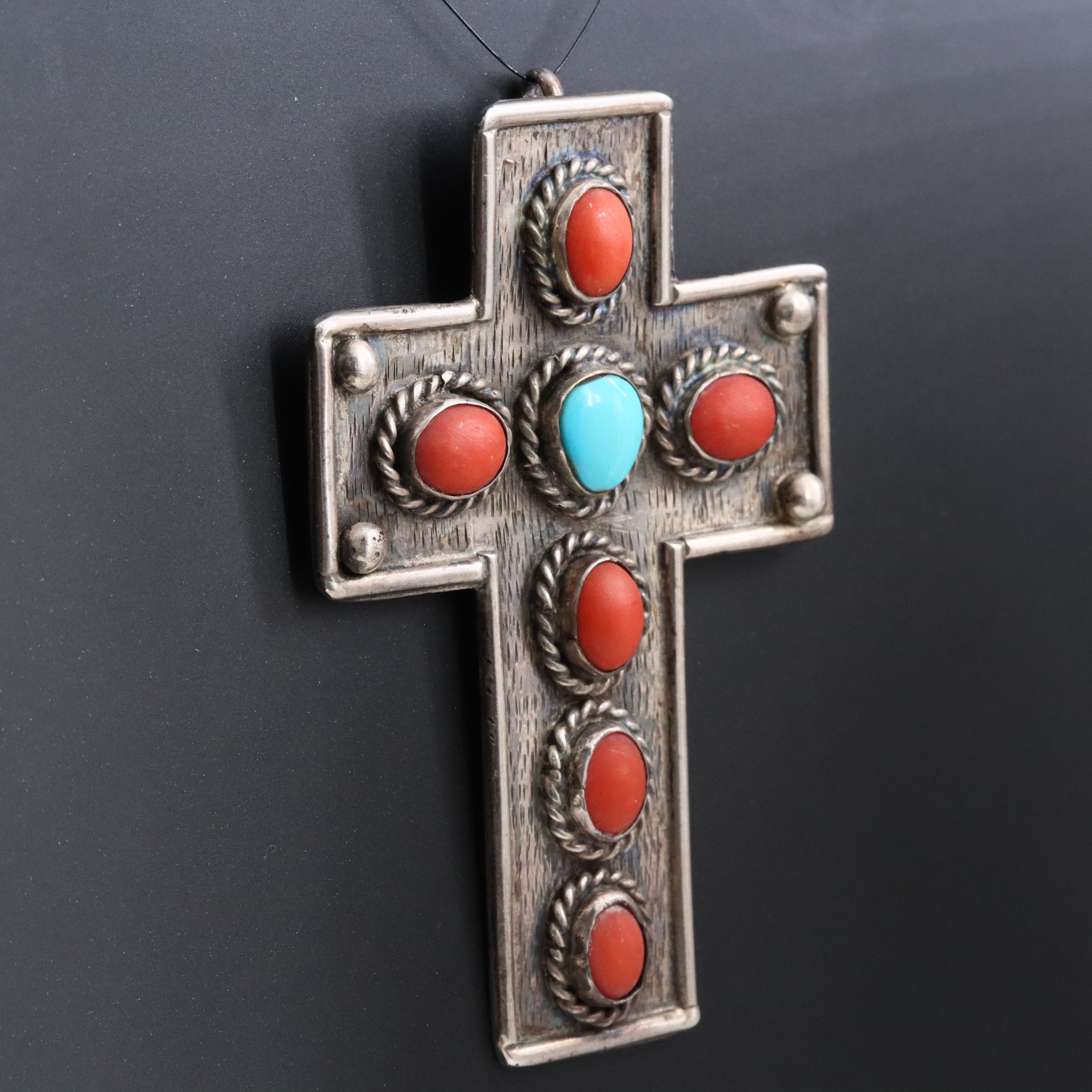 950 Silver Coral and Turquoise Cross Pendant