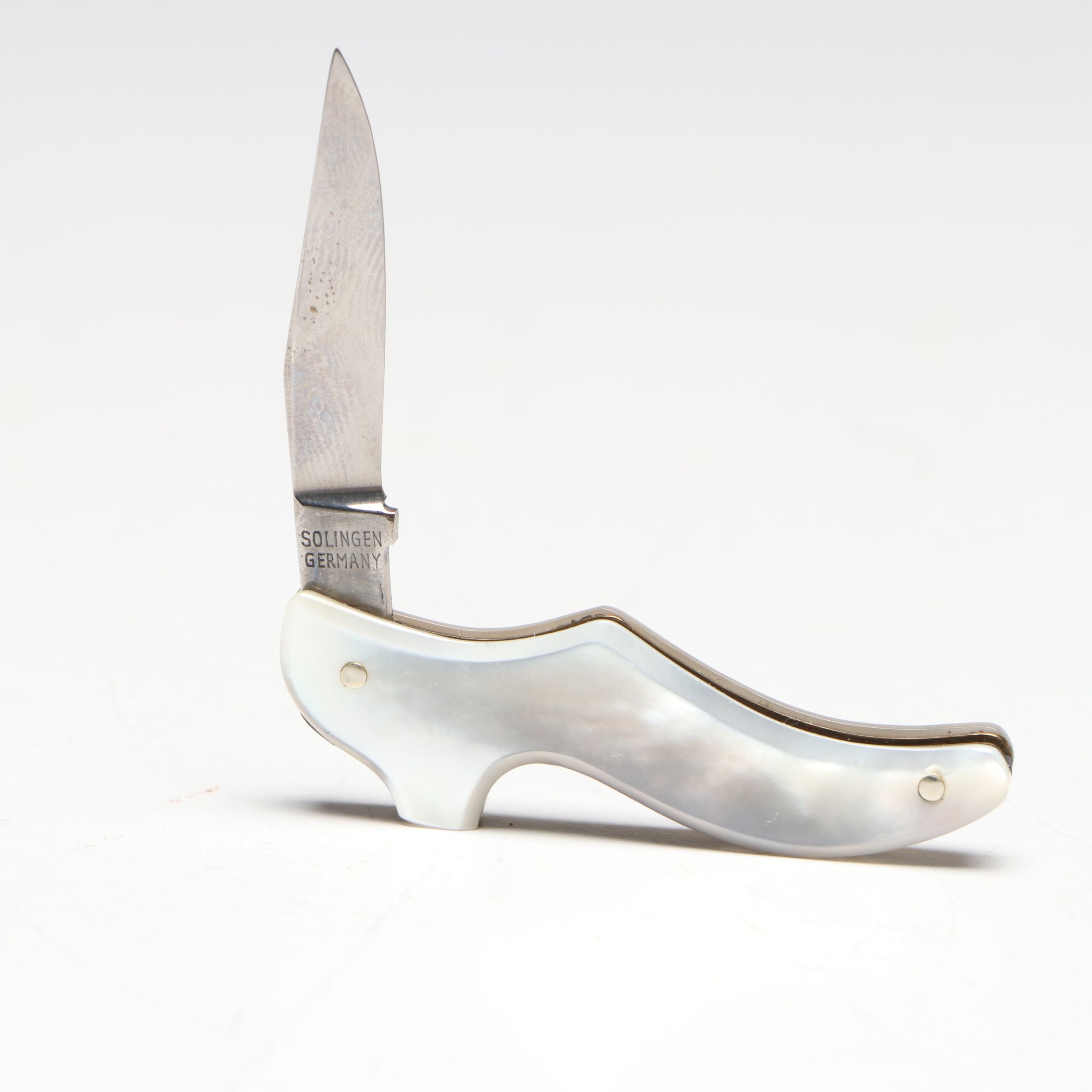 German Mother-of-Pearl Shoe Folding Knife with Knife and Opener
