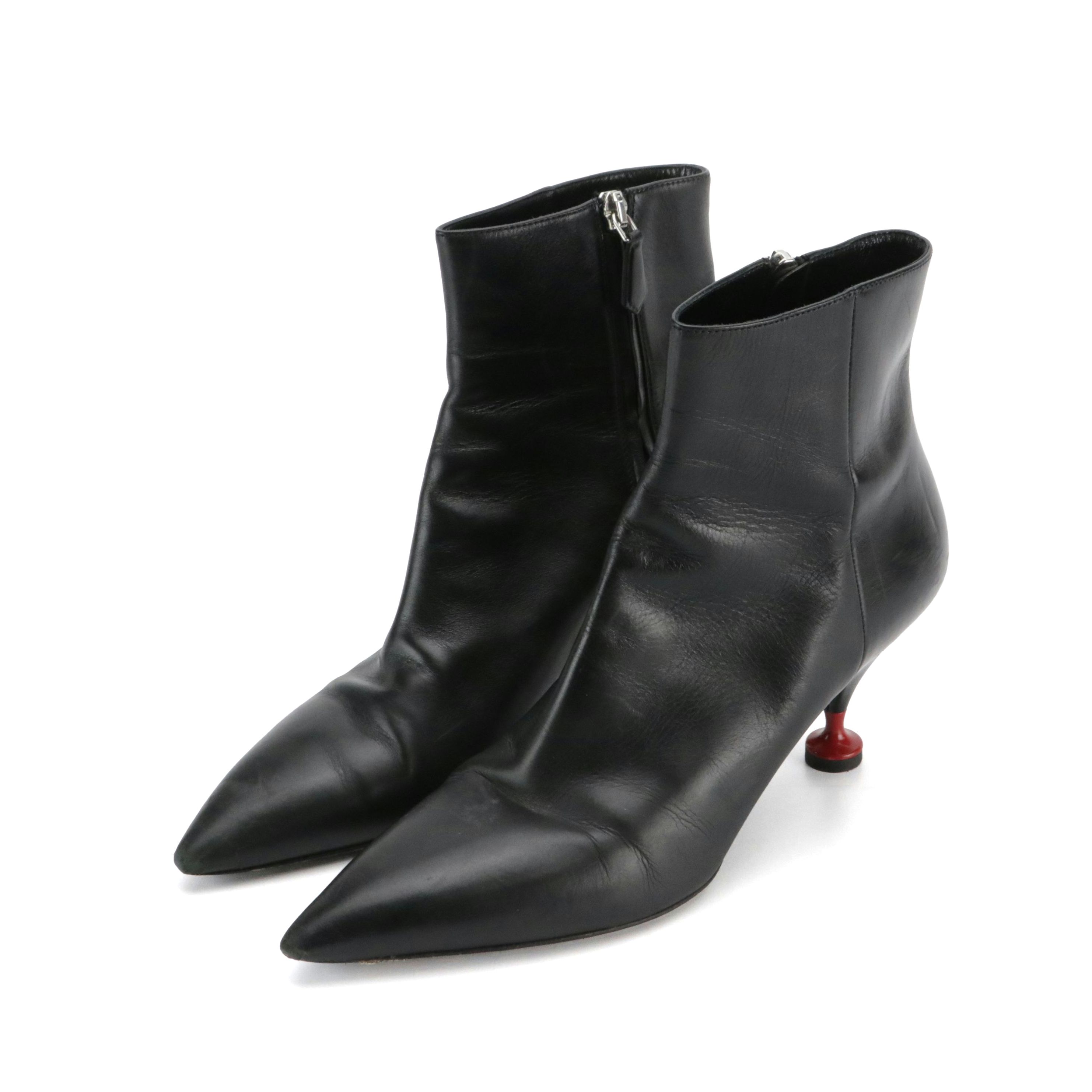 Prada Pointed-Toe Booties in Black Leather with Red Accents