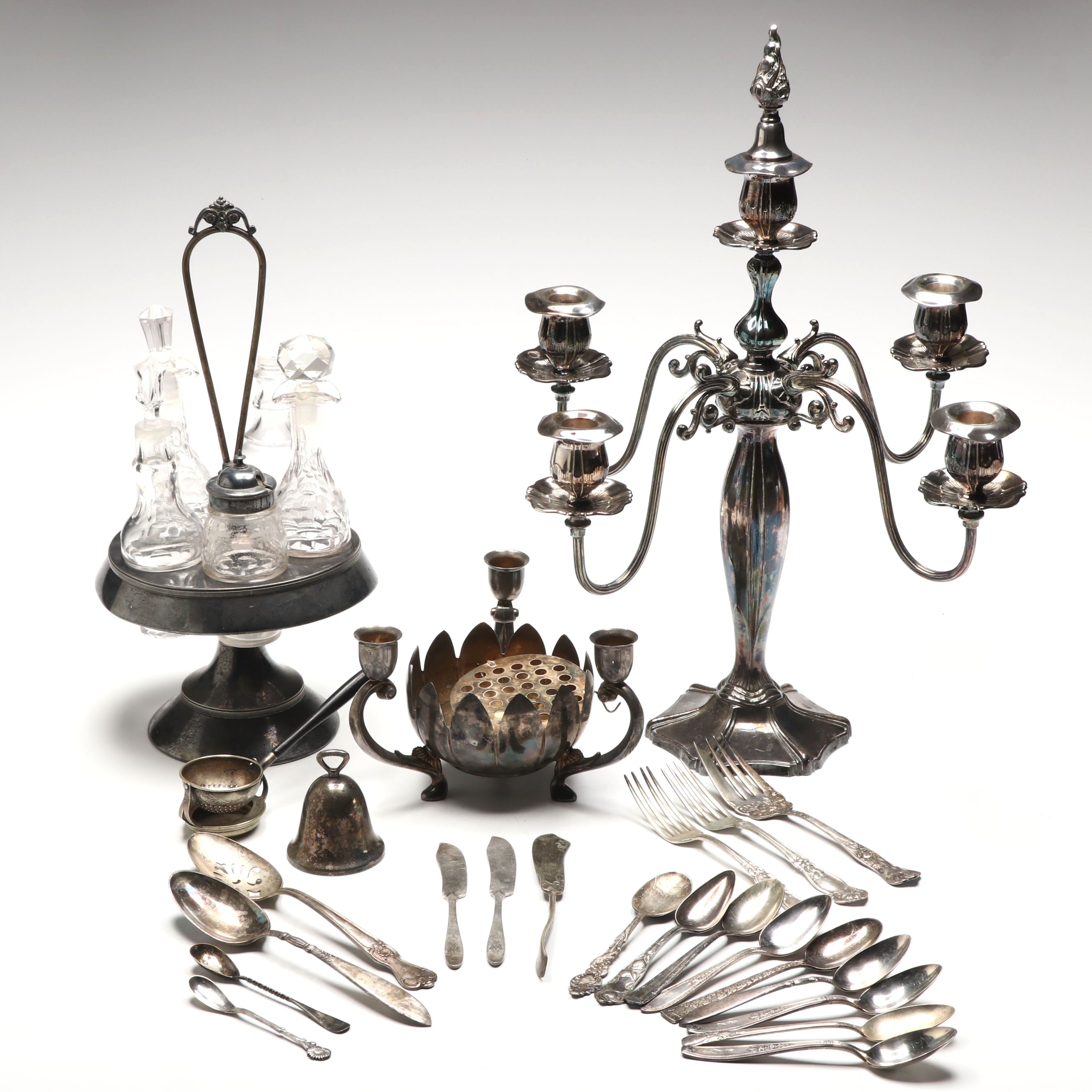 Poole and Leonard Silver Plate Candelabra with More Plate Utensils and Tableware