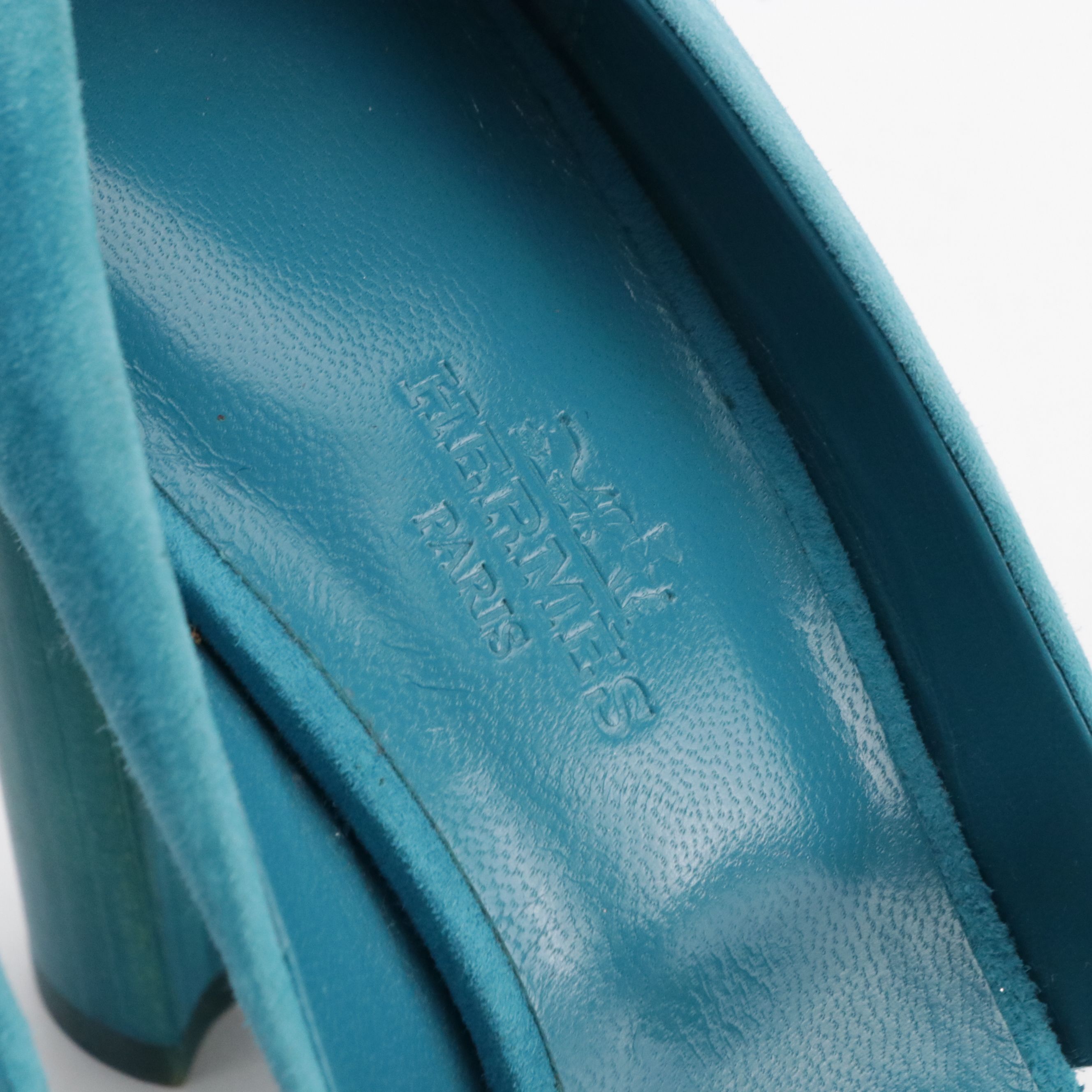 Hermès "Muse" Open-Toe Pumps in Turquoise Suede