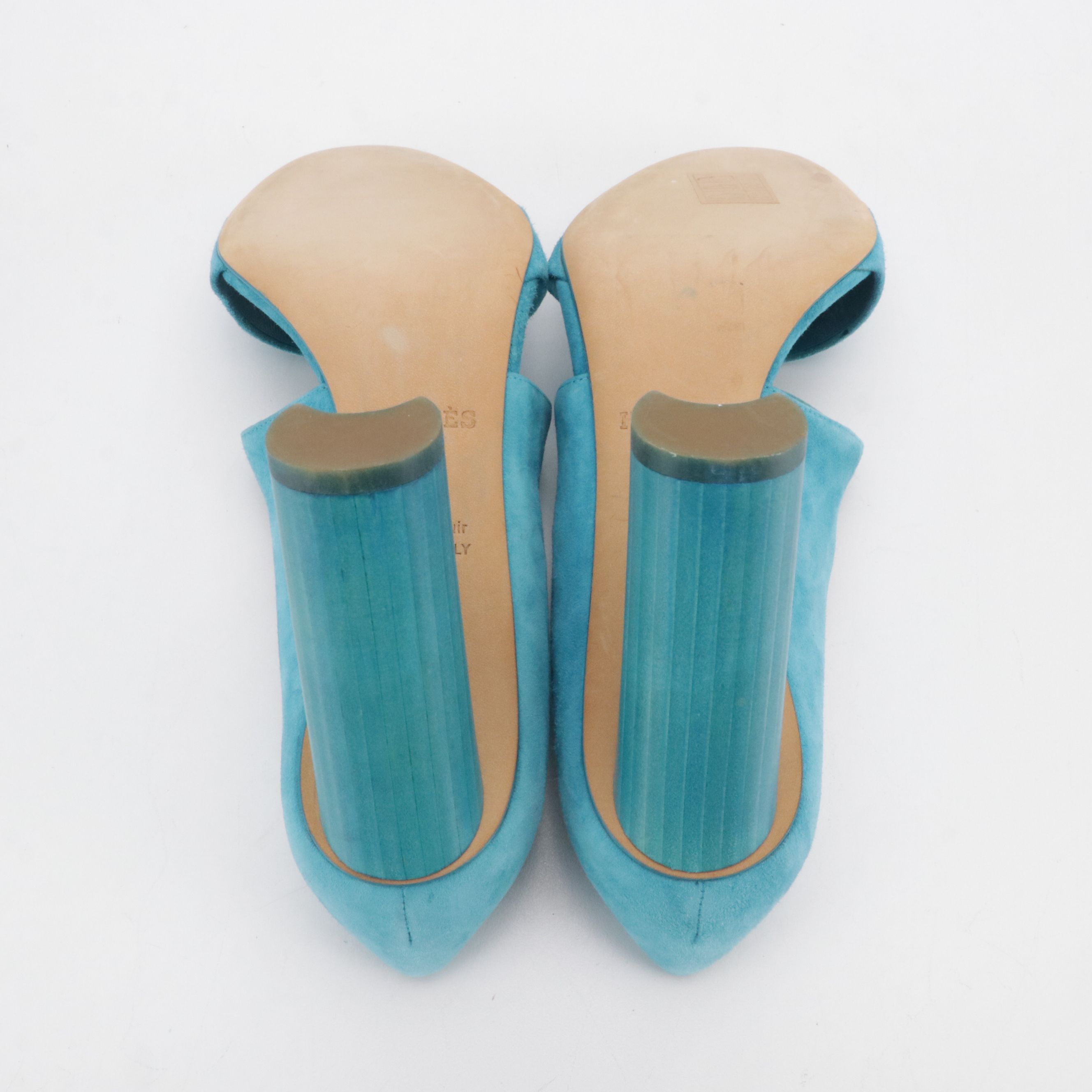 Hermès "Muse" Open-Toe Pumps in Turquoise Suede