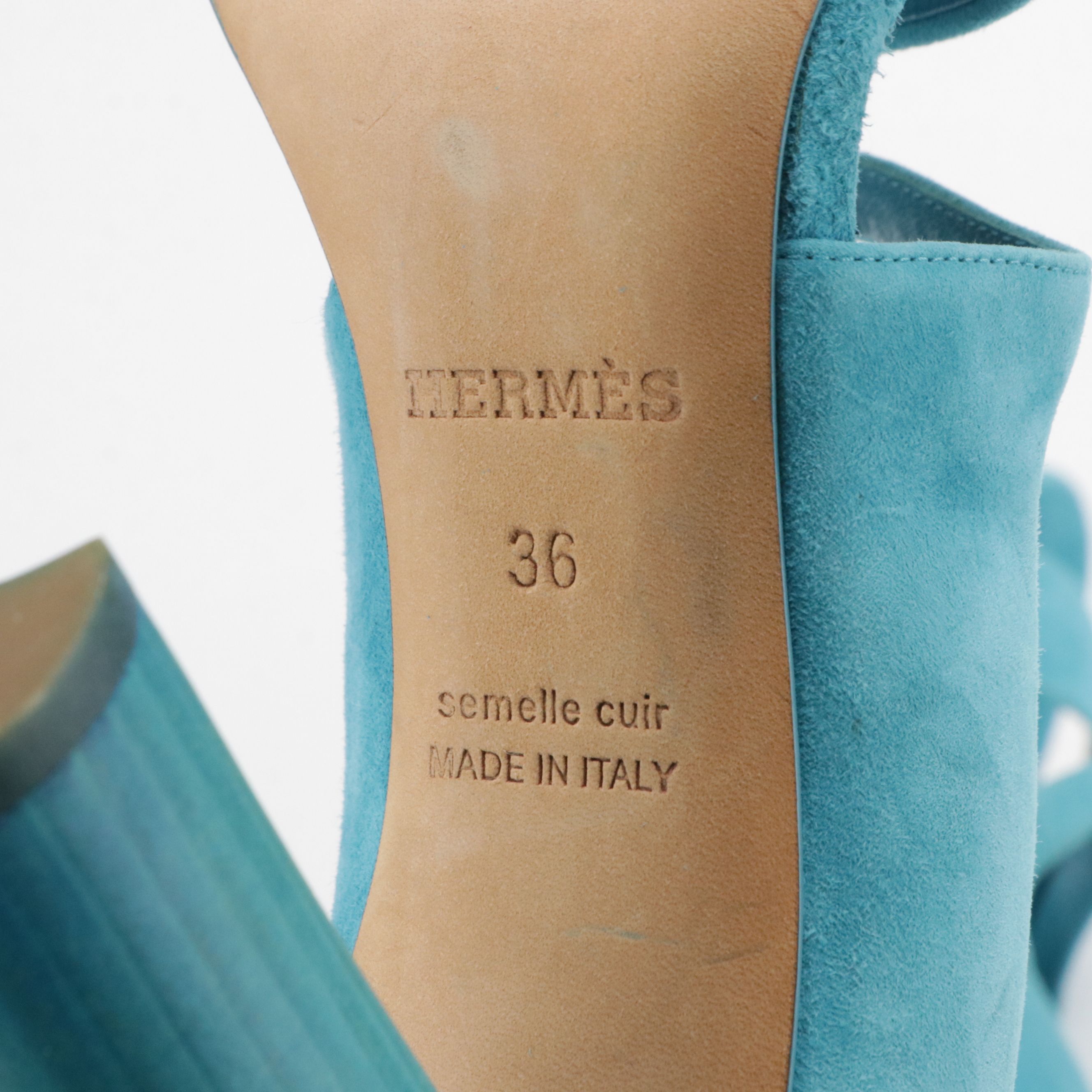 Hermès "Muse" Open-Toe Pumps in Turquoise Suede