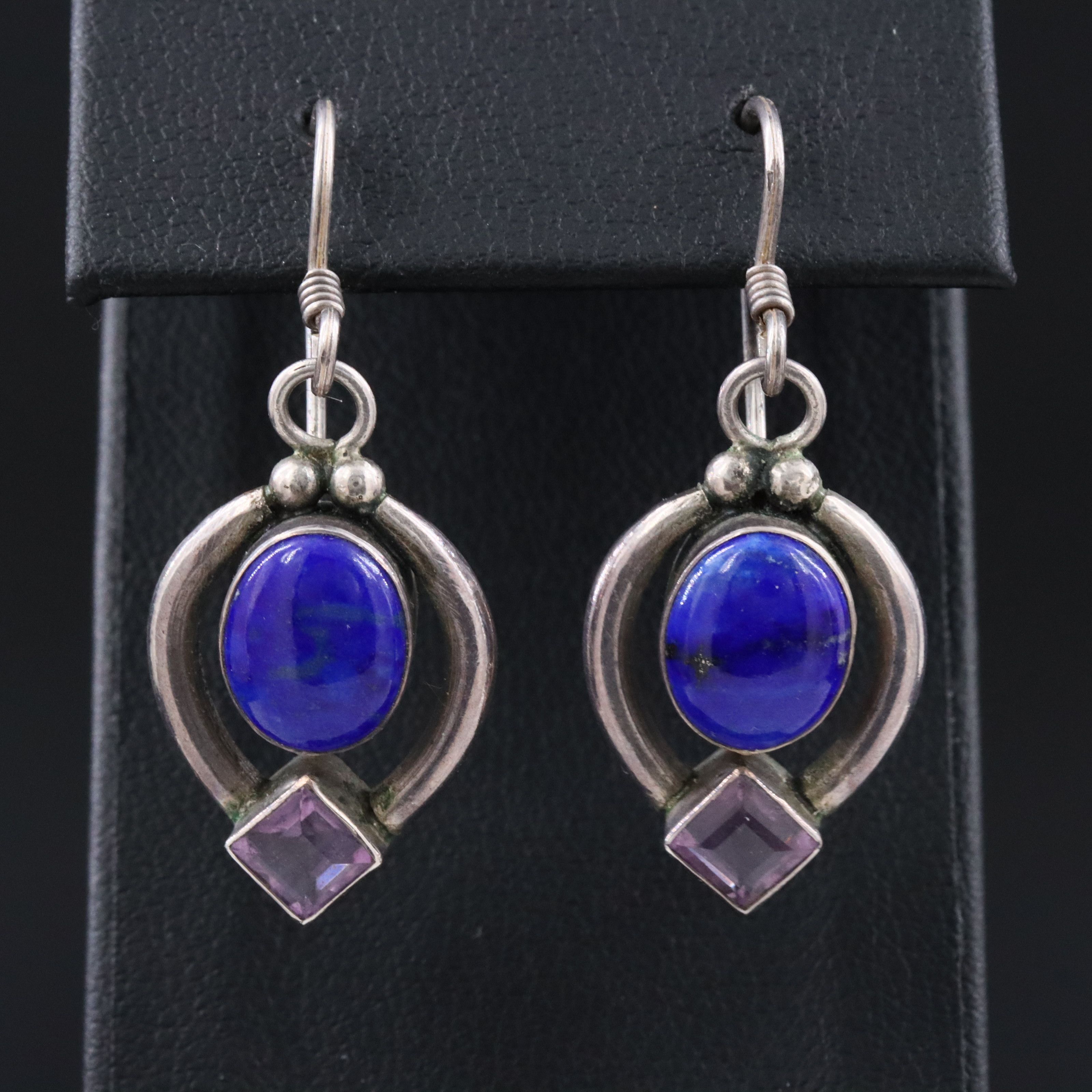 950 Silver Lapis Lazuli and Amethyst Drop Earrings