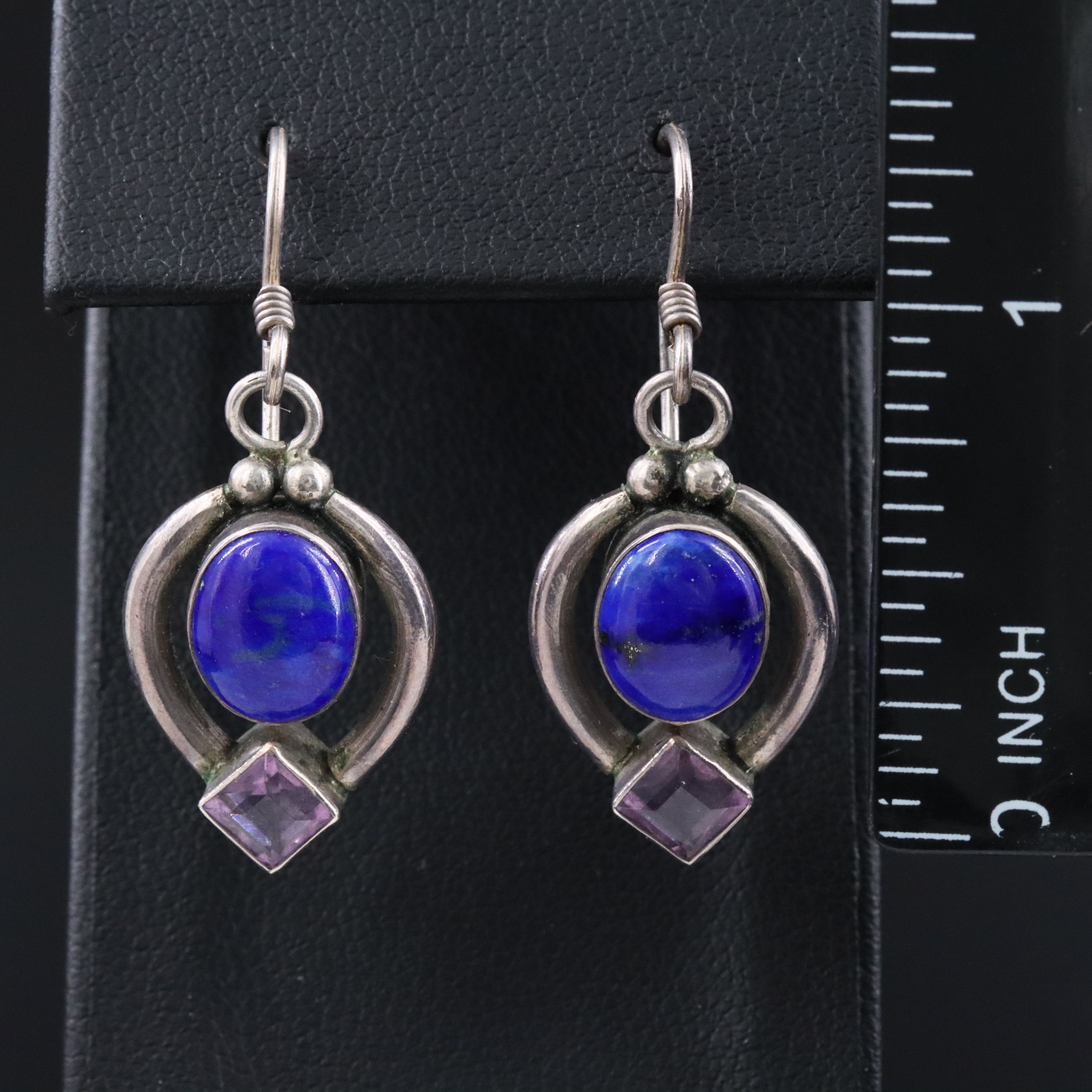 950 Silver Lapis Lazuli and Amethyst Drop Earrings