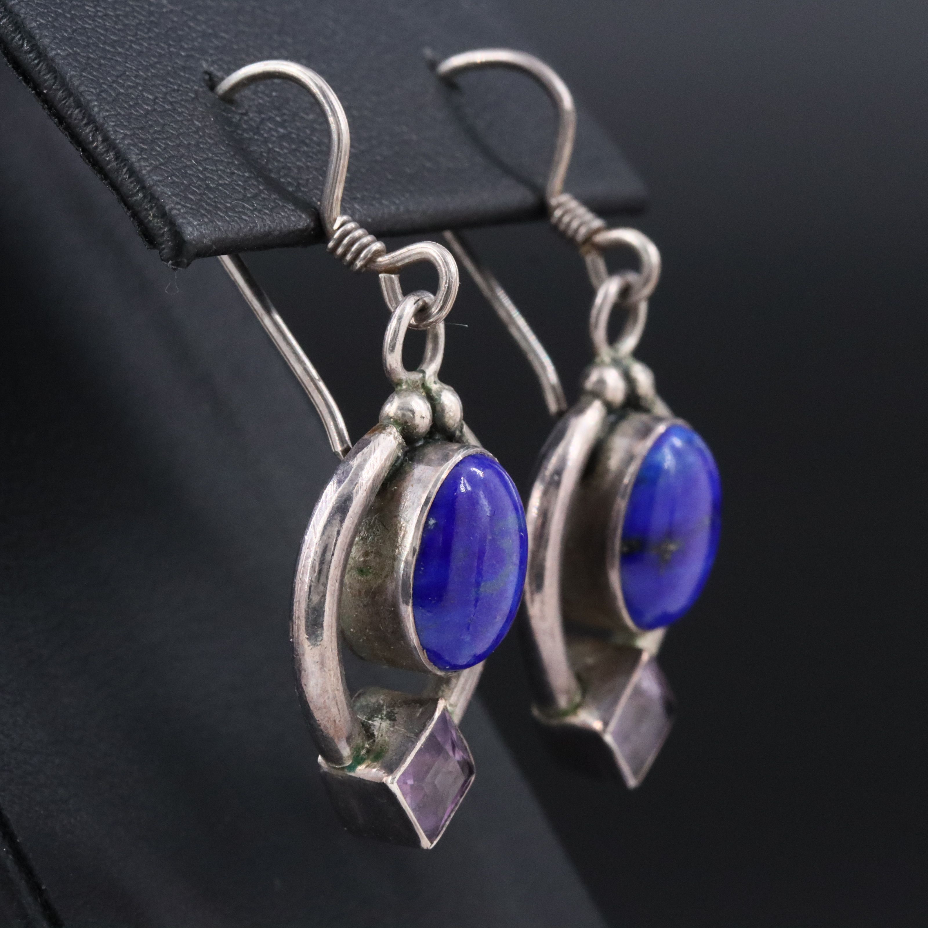 950 Silver Lapis Lazuli and Amethyst Drop Earrings