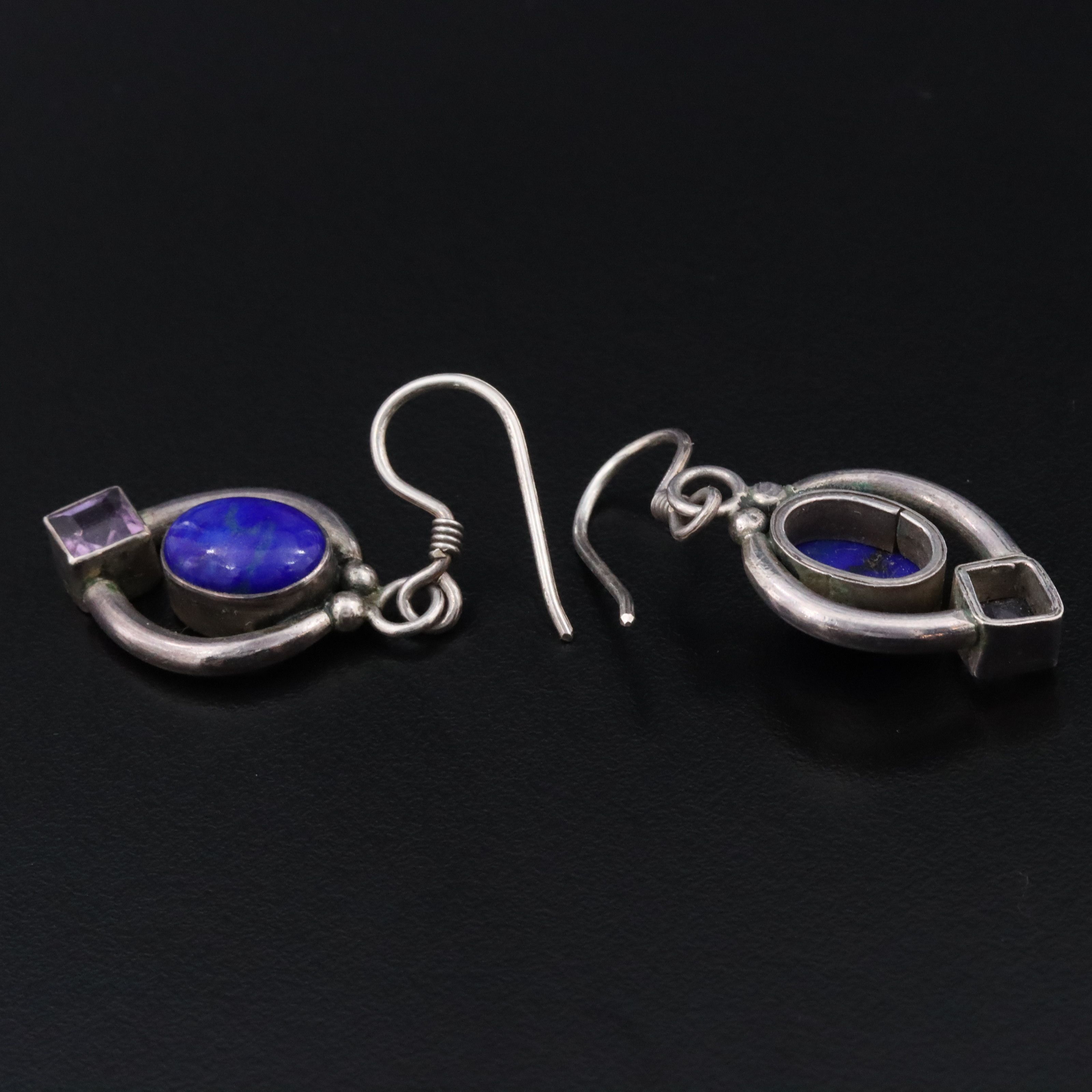 950 Silver Lapis Lazuli and Amethyst Drop Earrings