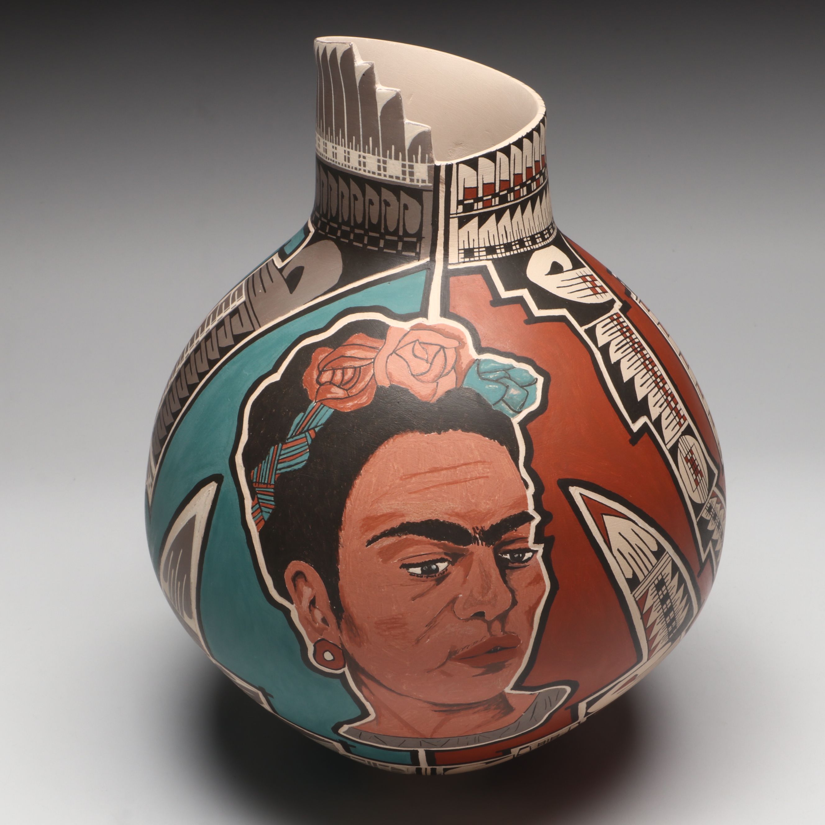 Jose M. Silveira Mata Ortiz Pottery Vase with Frida Kahlo Portrait