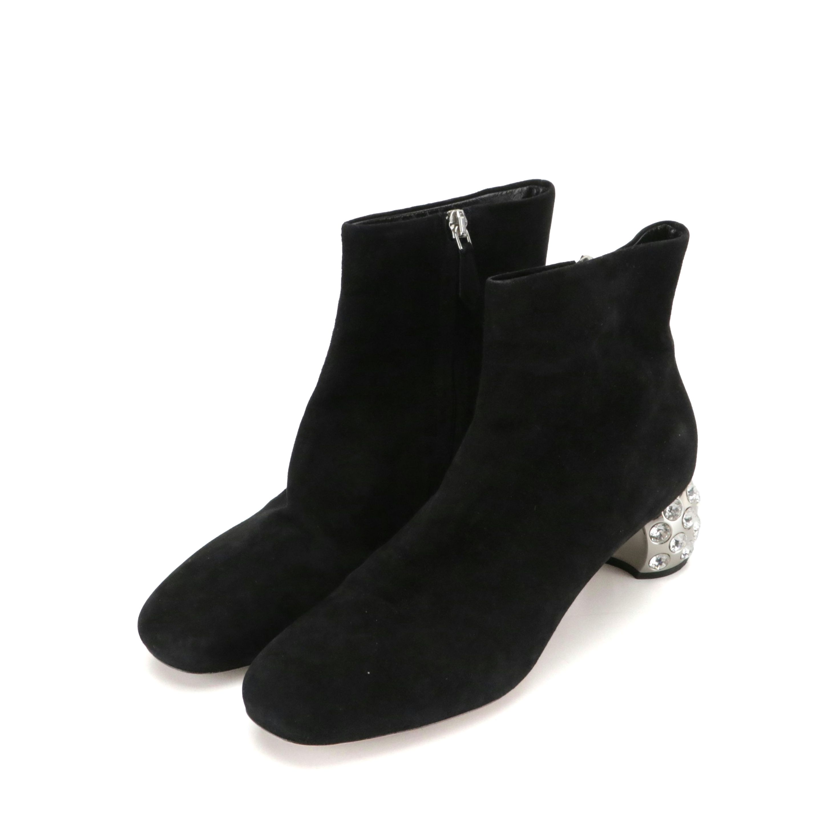 Miu Miu Black Suede Ankle Boots with Embellished Heels