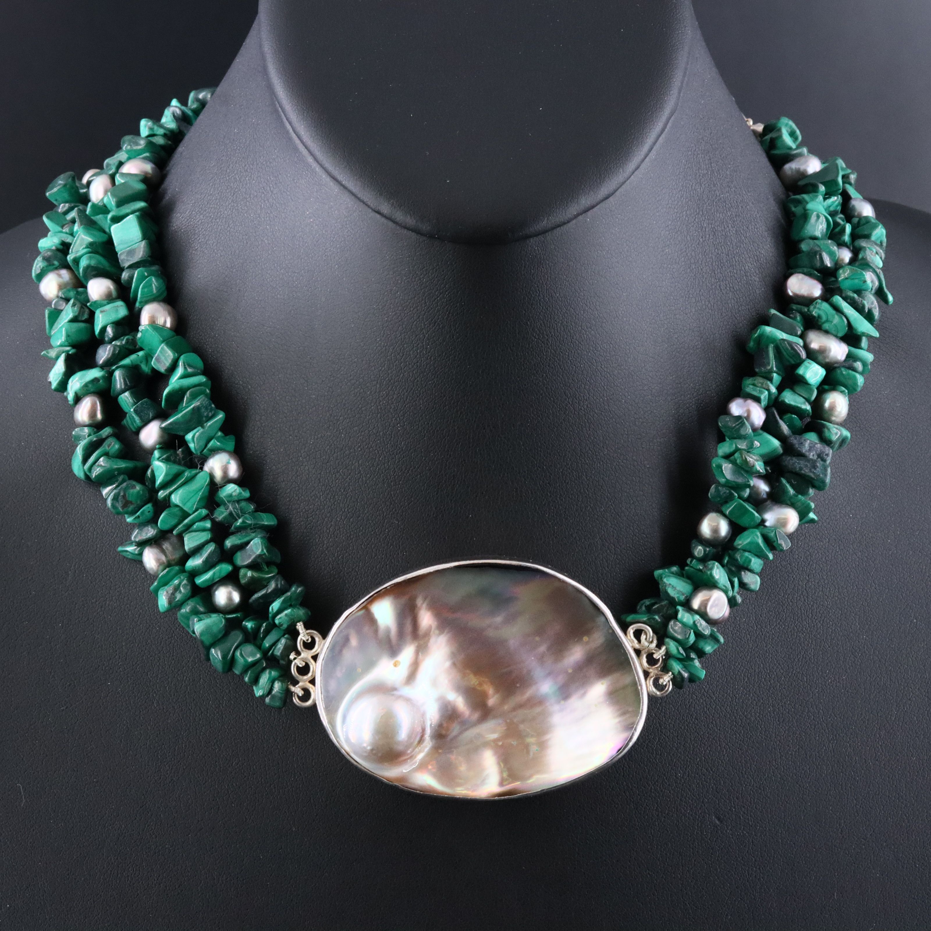 Sterling Artist Signed Pearl and Malachite Triple Strand Necklace