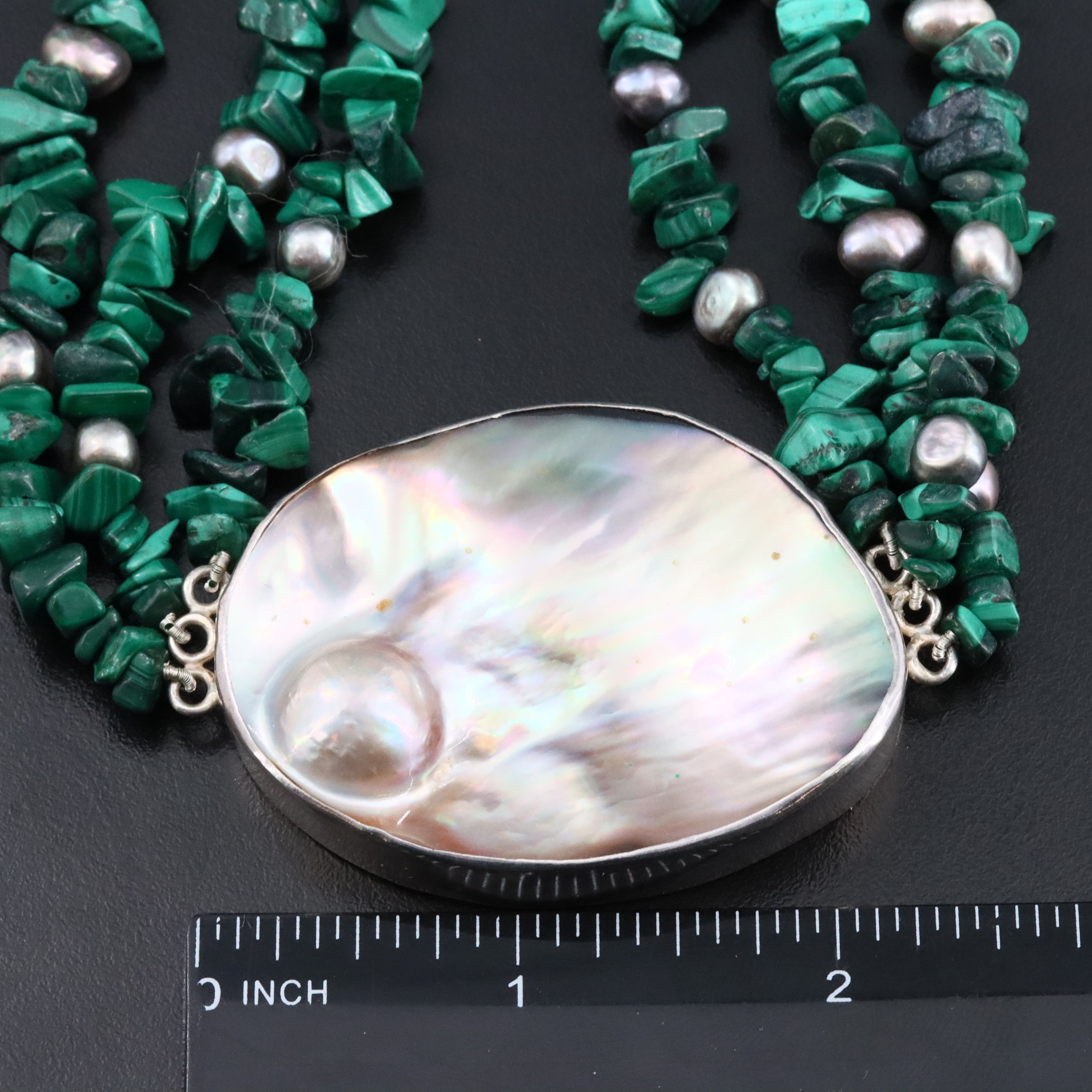 Sterling Artist Signed Pearl and Malachite Triple Strand Necklace