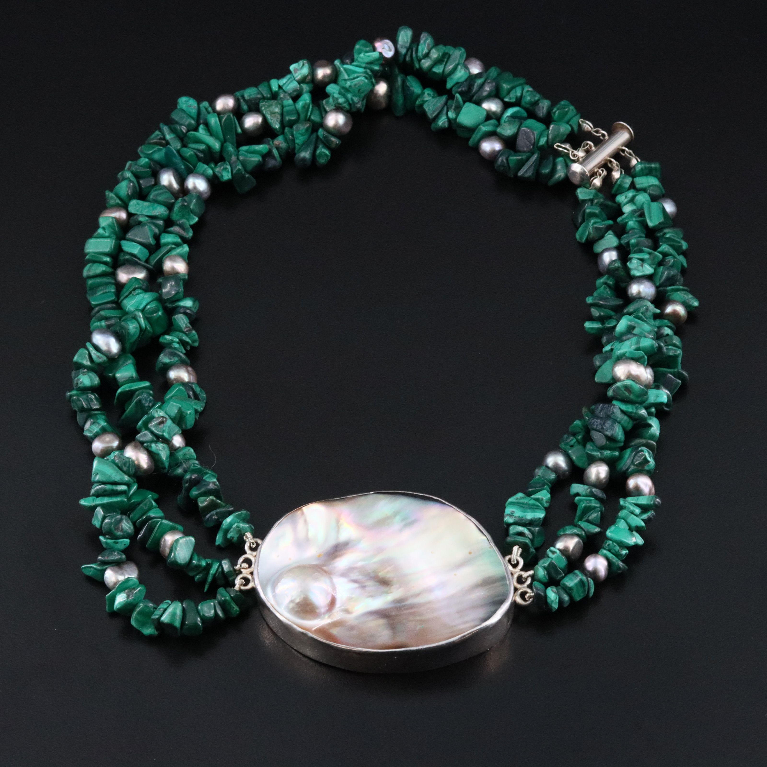 Sterling Artist Signed Pearl and Malachite Triple Strand Necklace