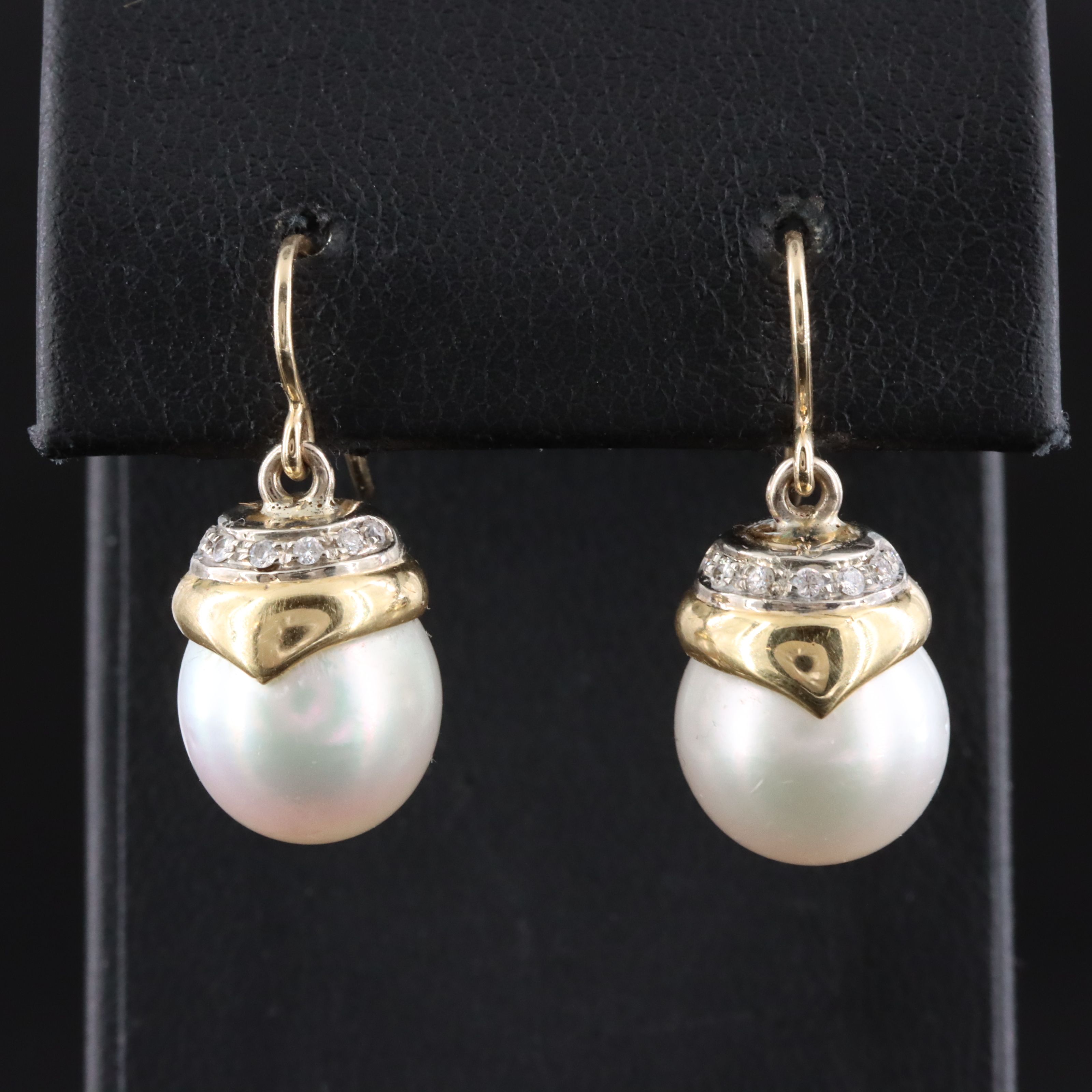 14K Two Tone Pearl and Diamond Drop Earrings