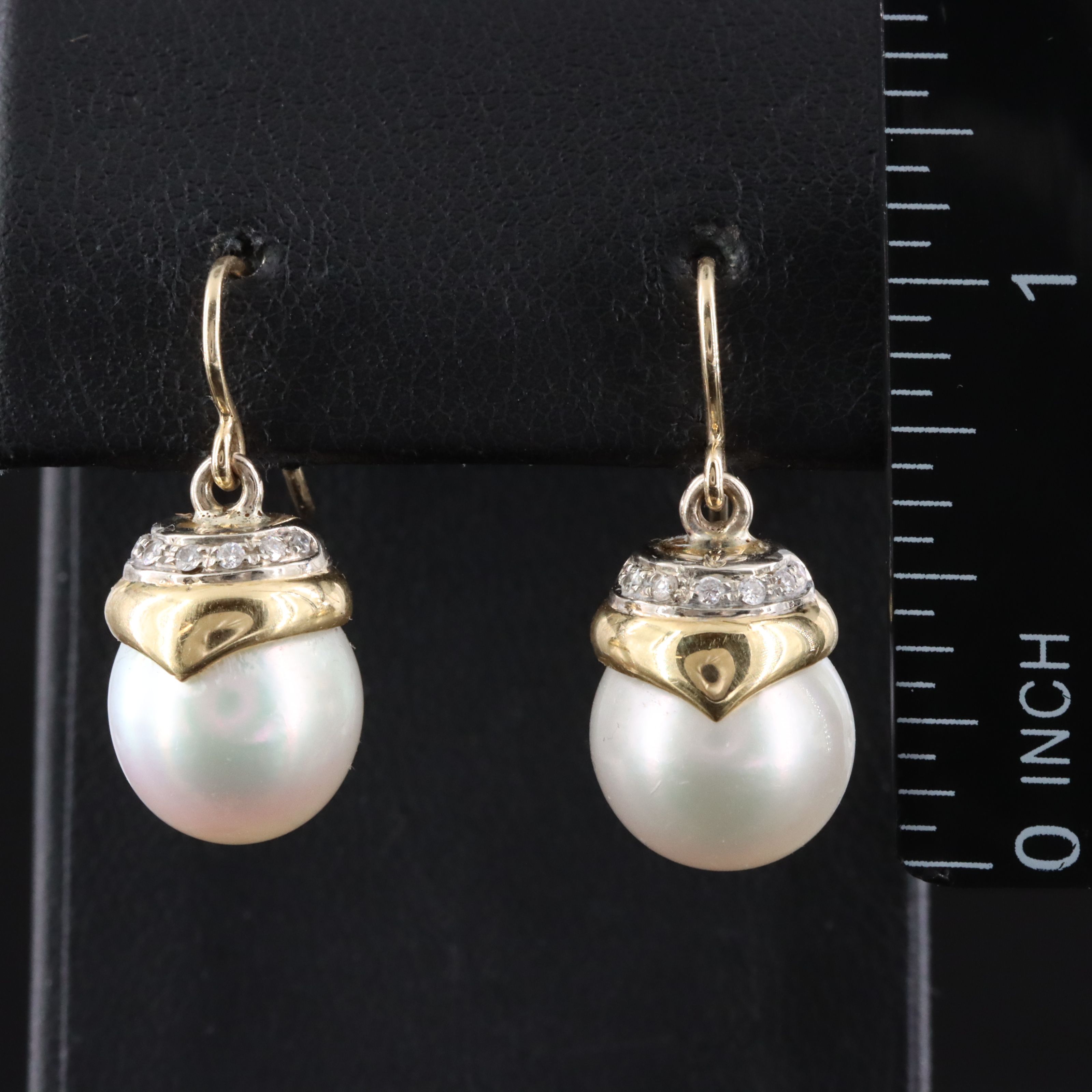 14K Two Tone Pearl and Diamond Drop Earrings