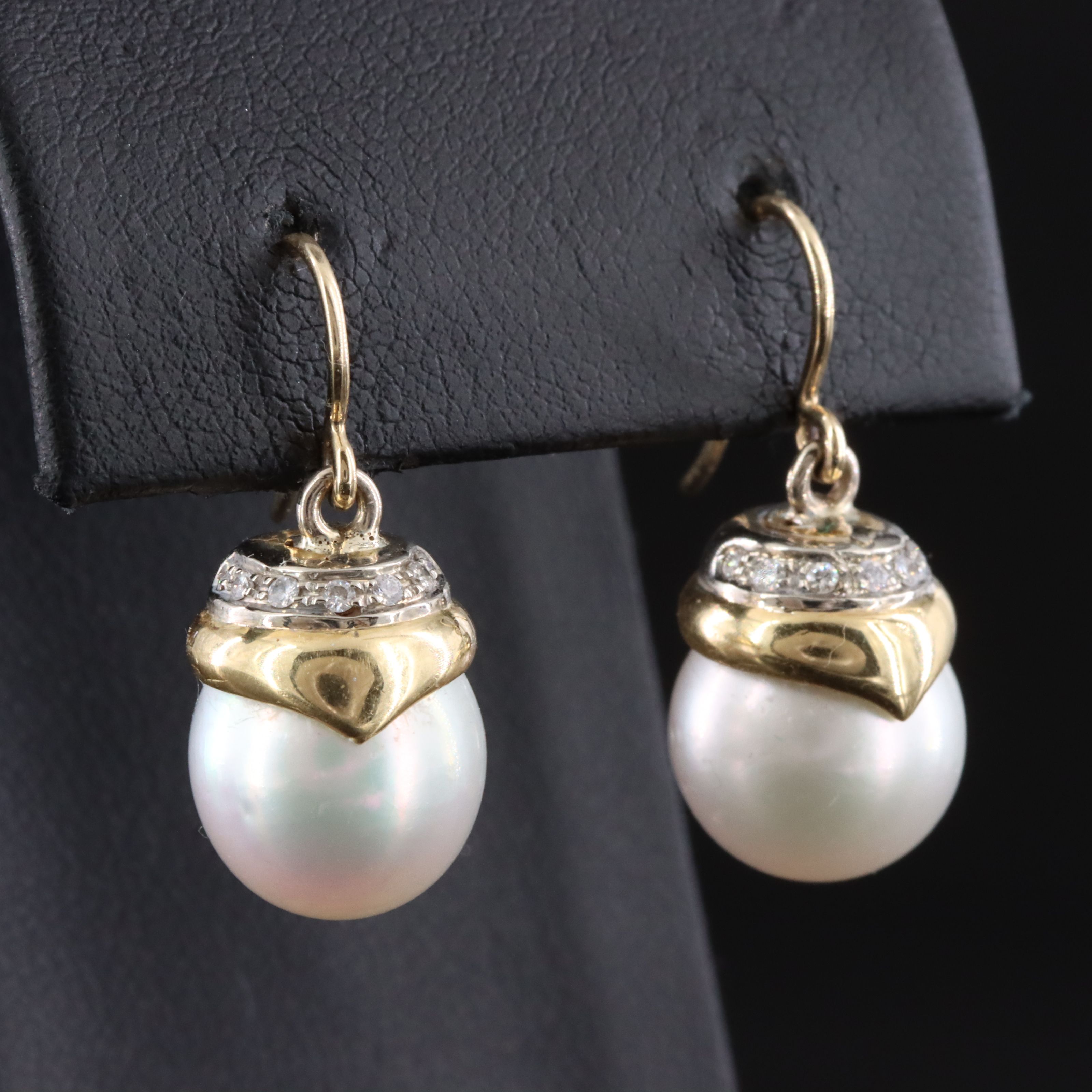 14K Two Tone Pearl and Diamond Drop Earrings